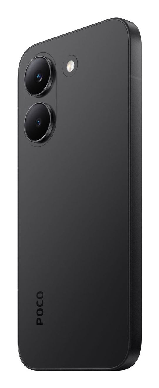 Uno smartphone POCO nero mostra la configurazione a doppia fotocamera e il flash sul retro.