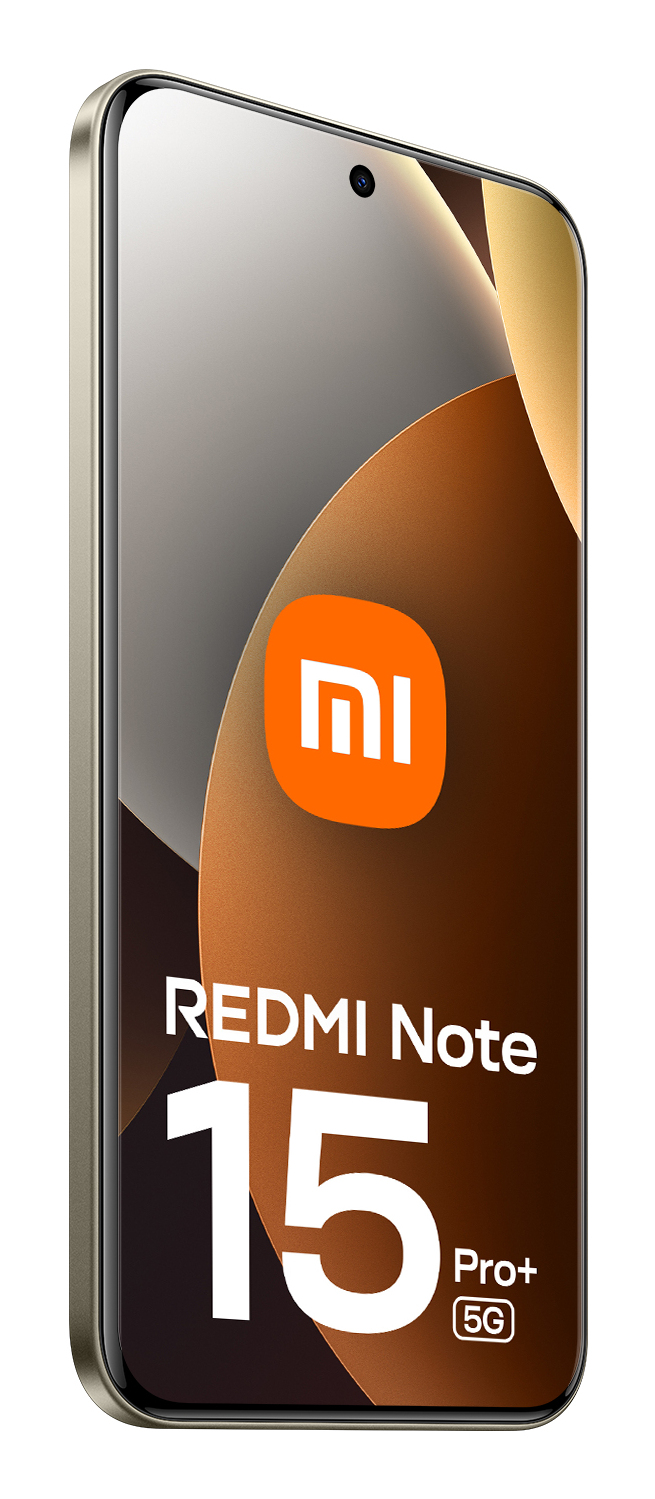 Smartphone Redmi Note 15 Pro+ 5G con logotipo naranja y fondo ondulado.