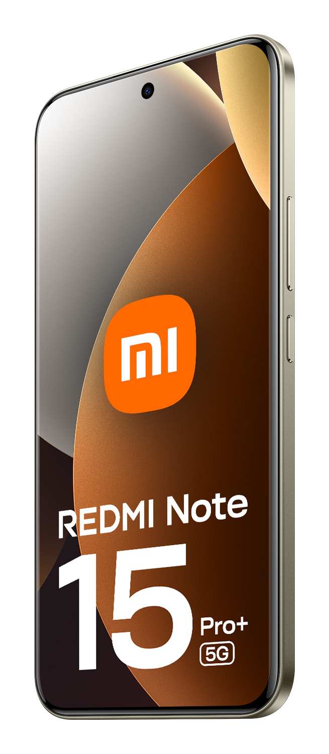 Smartphone dorado con texto Redmi Note 15 Pro+ 5G y logotipo de Xiaomi.