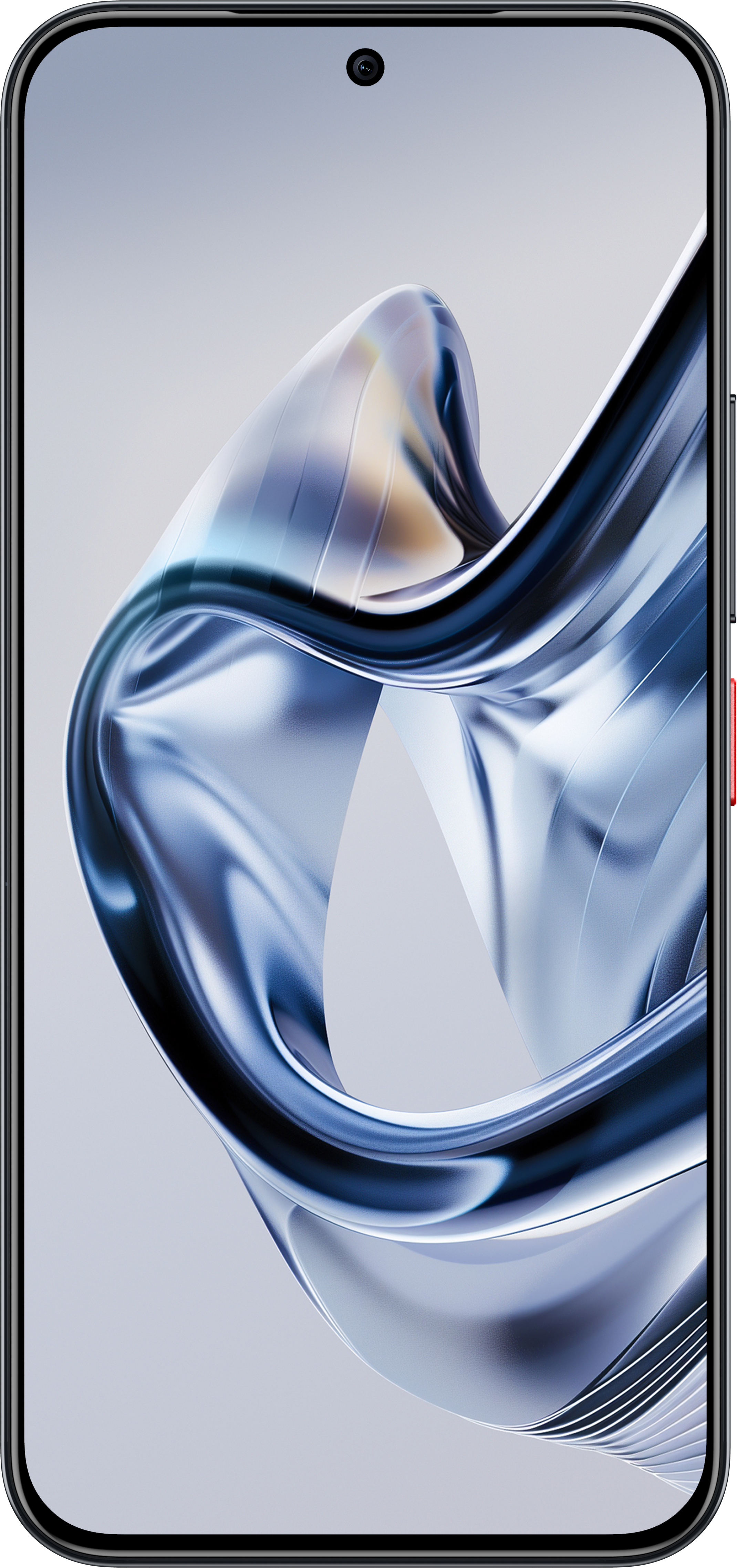 Un teléfono inteligente muestra un diseño fluido abstracto, plateado y azul en su pantalla.