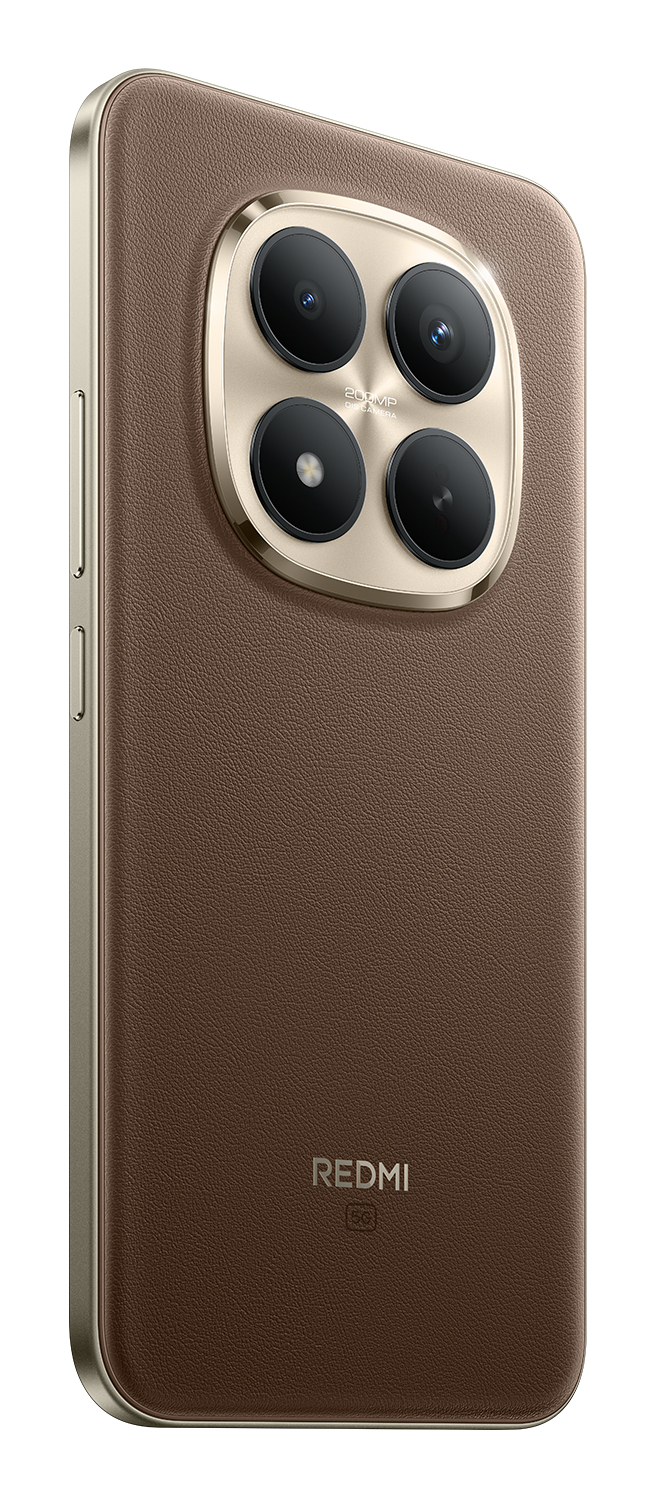 Un smartphone marrón con textura de cuero, gran módulo de cámara cuadrado y el logotipo de REDMI.