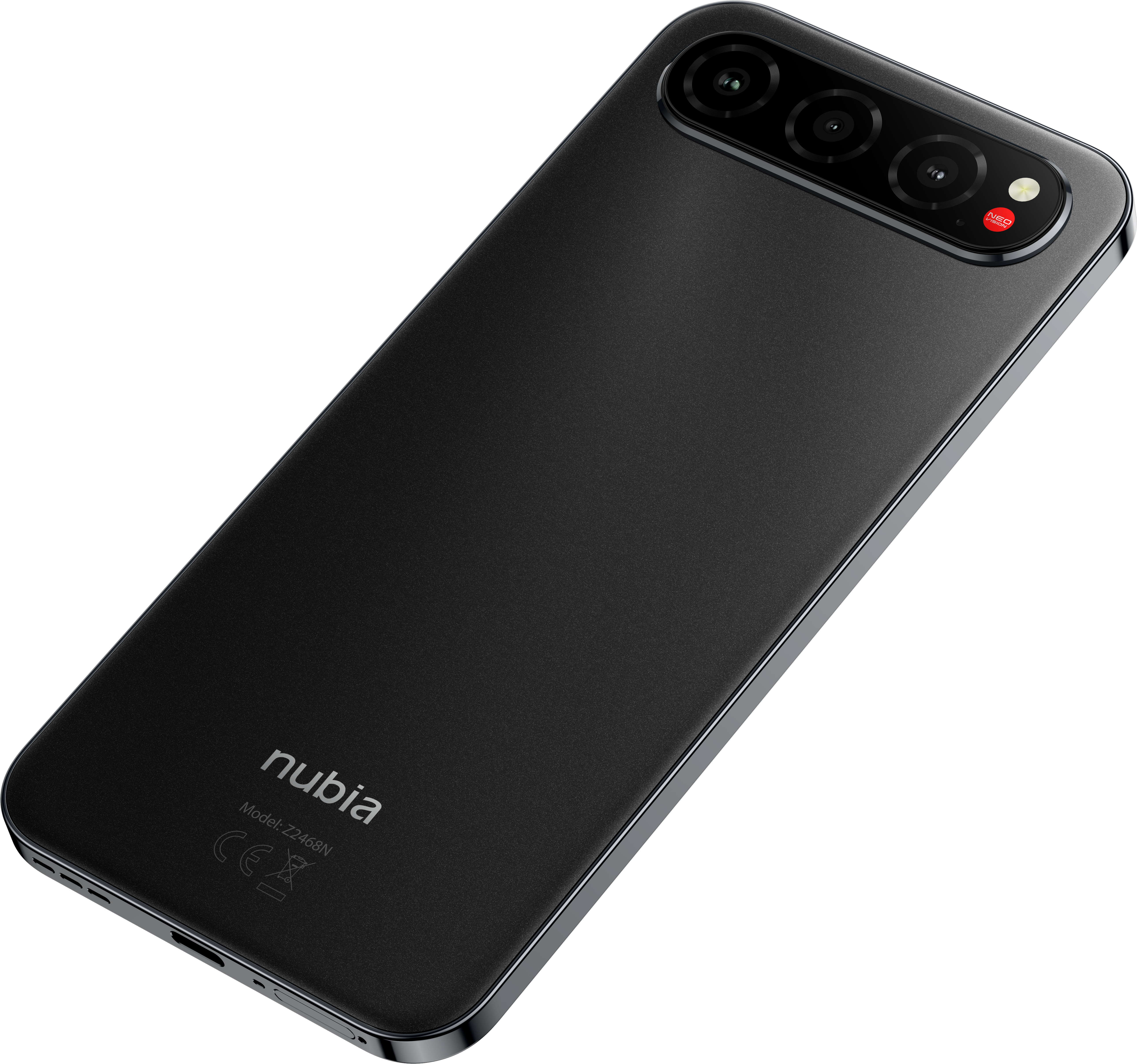 Parte trasera de un smartphone Nubia negro con módulo de triple cámara y logo.