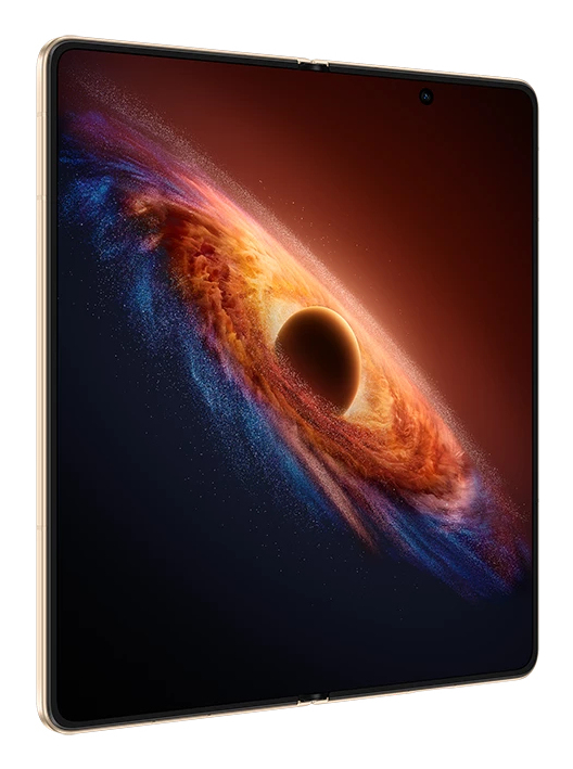 Uno smartphone pieghevole mostra una galassia luminosa con un buco nero su sfondo scuro.