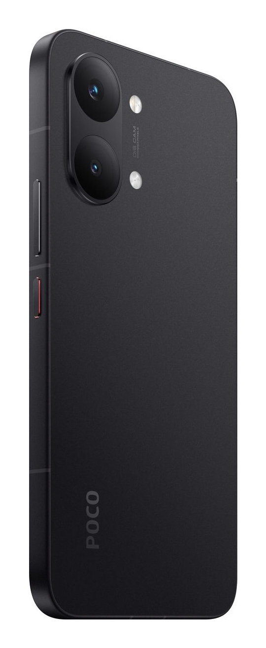 Sol üstte iki dikey kameraya ve altta Poco logosuna sahip siyah bir Poco akıllı telefonun arkası.