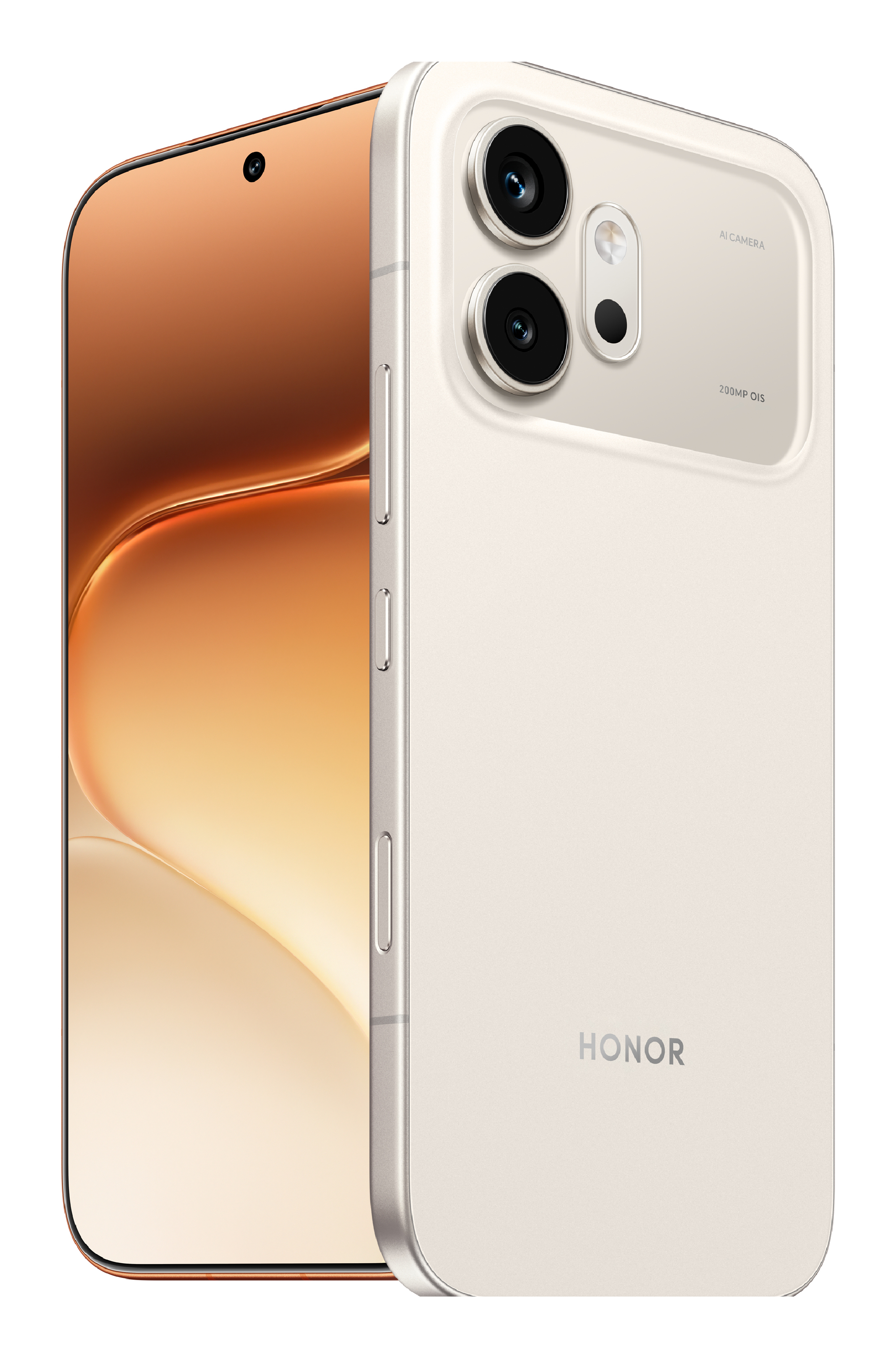 Parte delantera y trasera de un smartphone Honor blanco con doble cámara y fondo de pantalla dorado.