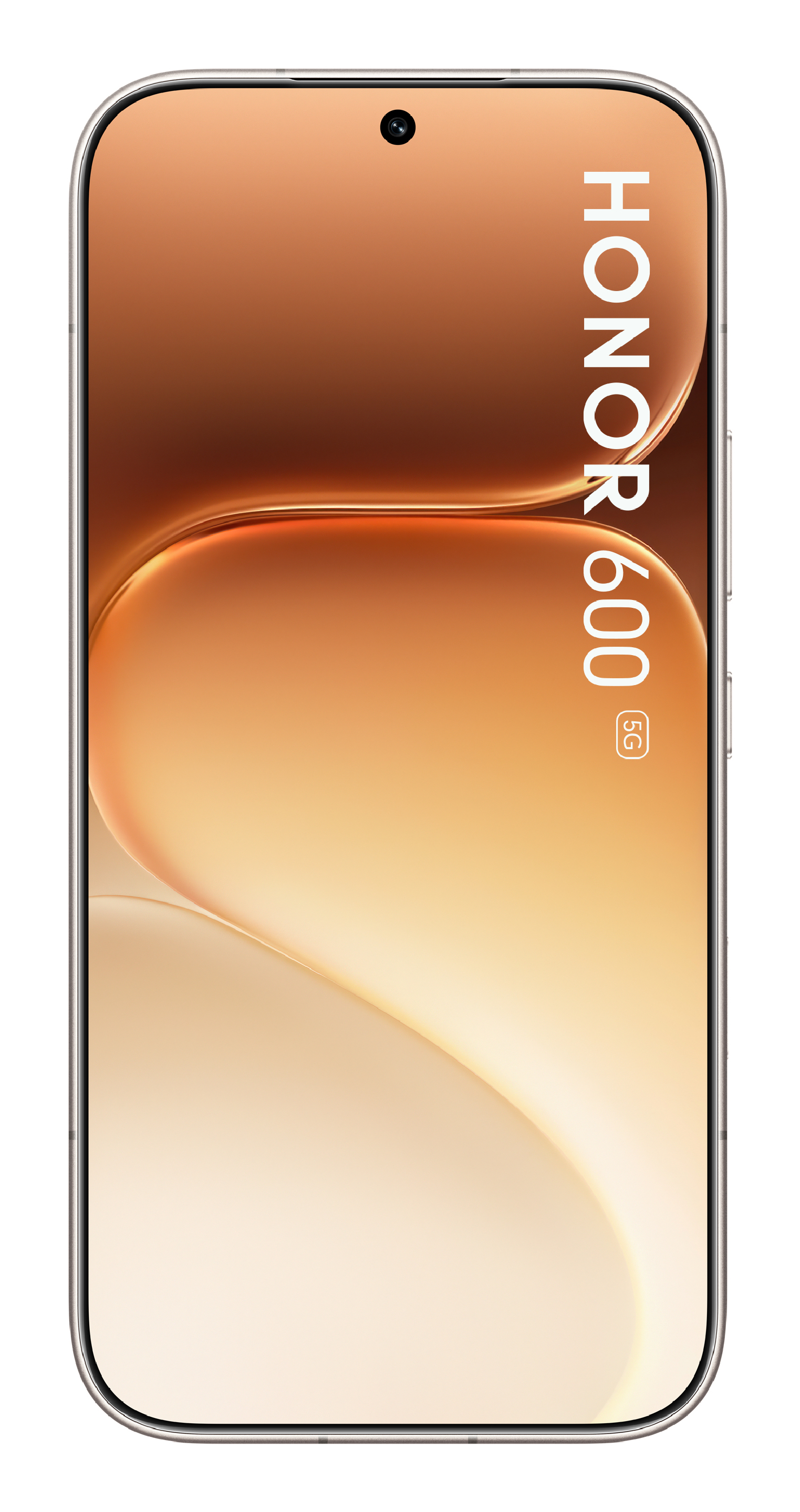 Smartphone Honor 600 5G con un diseño curvo abstracto dorado y cálido en la pantalla.