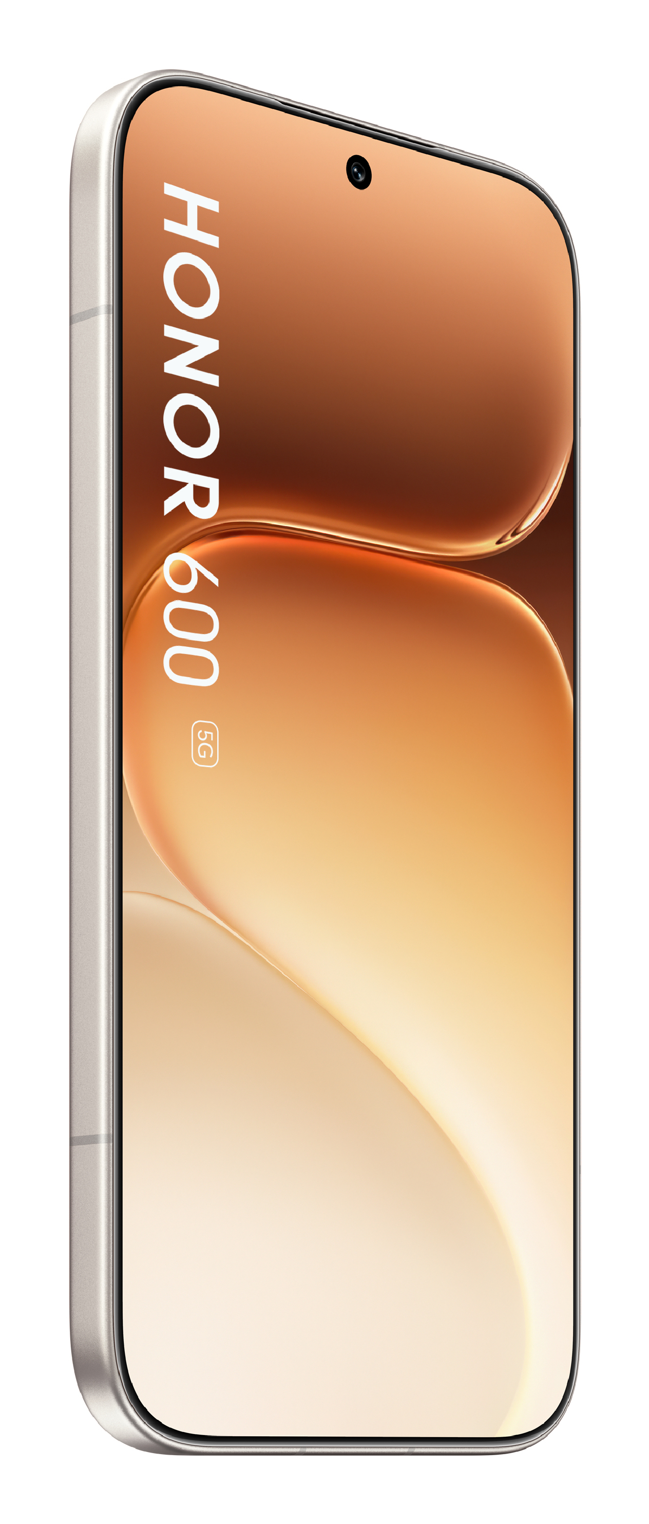 Un teléfono blanco muestra el logotipo HONOR 600 5G en una pantalla naranja.