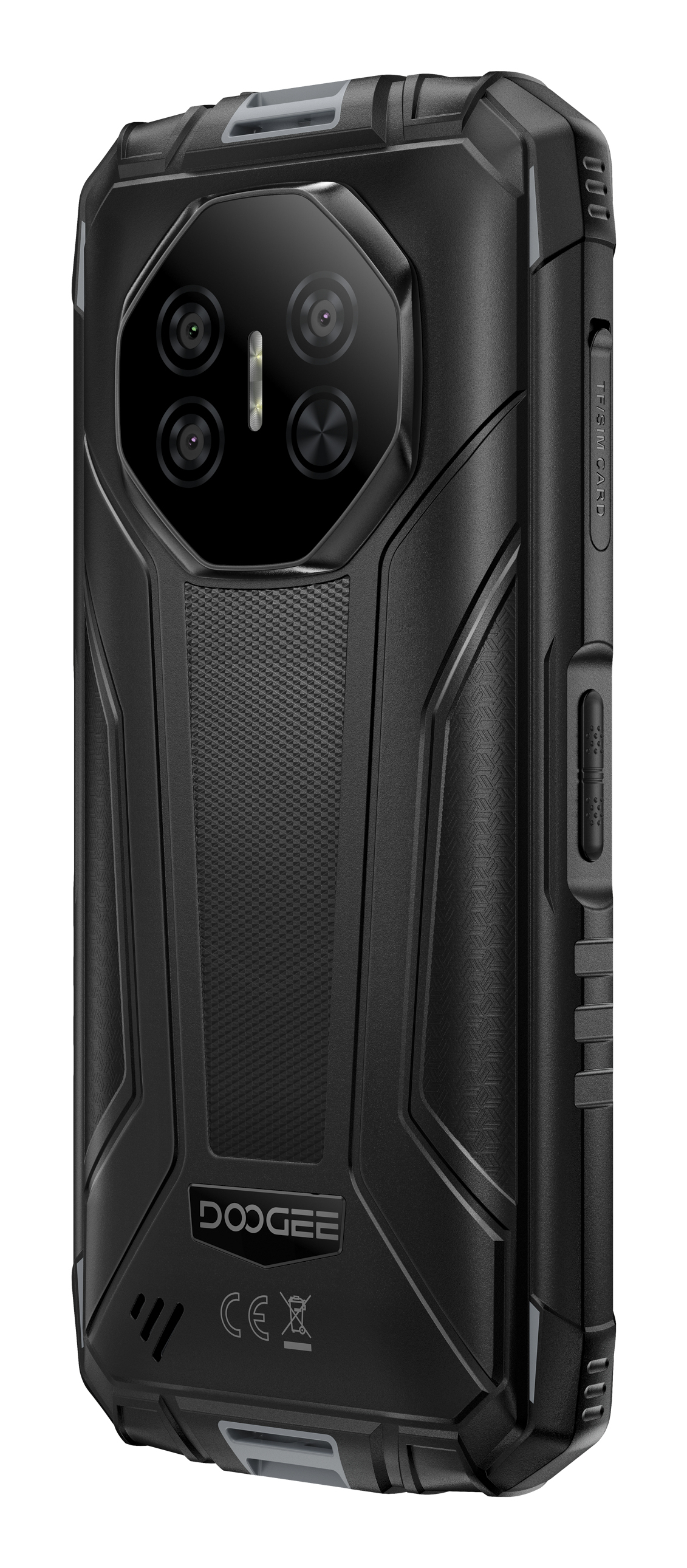 Parte trasera de un smartphone negro resistente con cuatro lentes de cámara en un módulo octagonal y el logo DOOGEE.