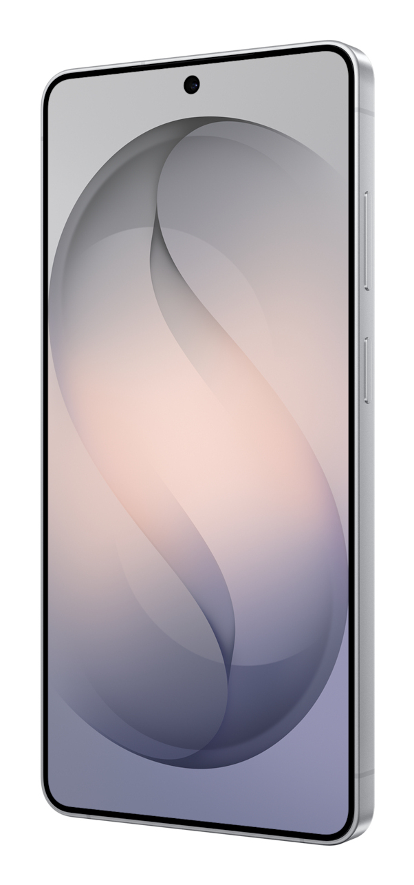 Un smartphone blanco con un fondo abstracto curvo en la pantalla.