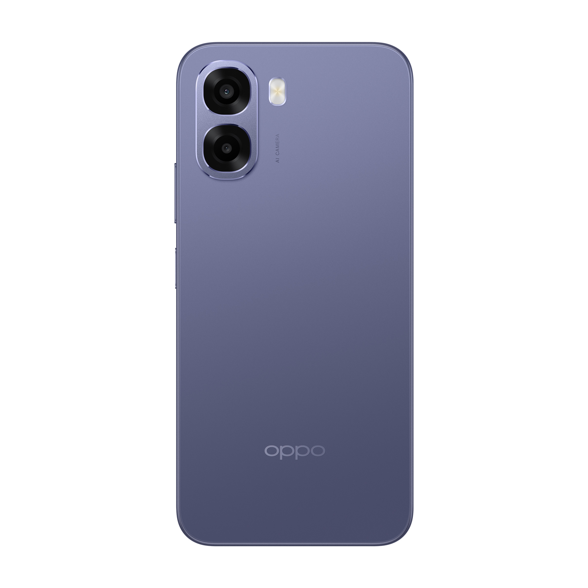 Retro di uno smartphone Oppo viola con doppia fotocamera e flash su sfondo bianco.