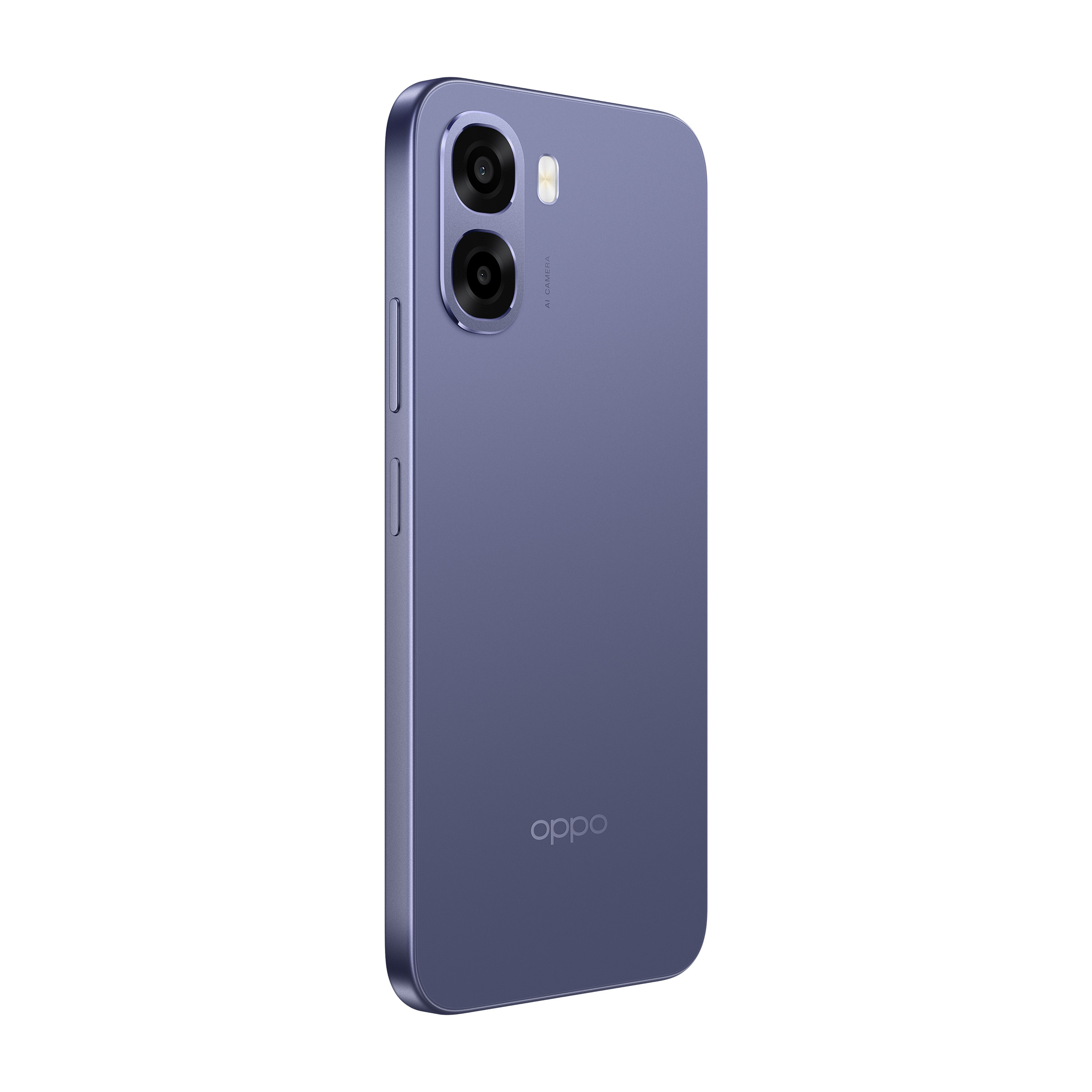 Retro di uno smartphone Oppo viola con doppia fotocamera verticale e logo.