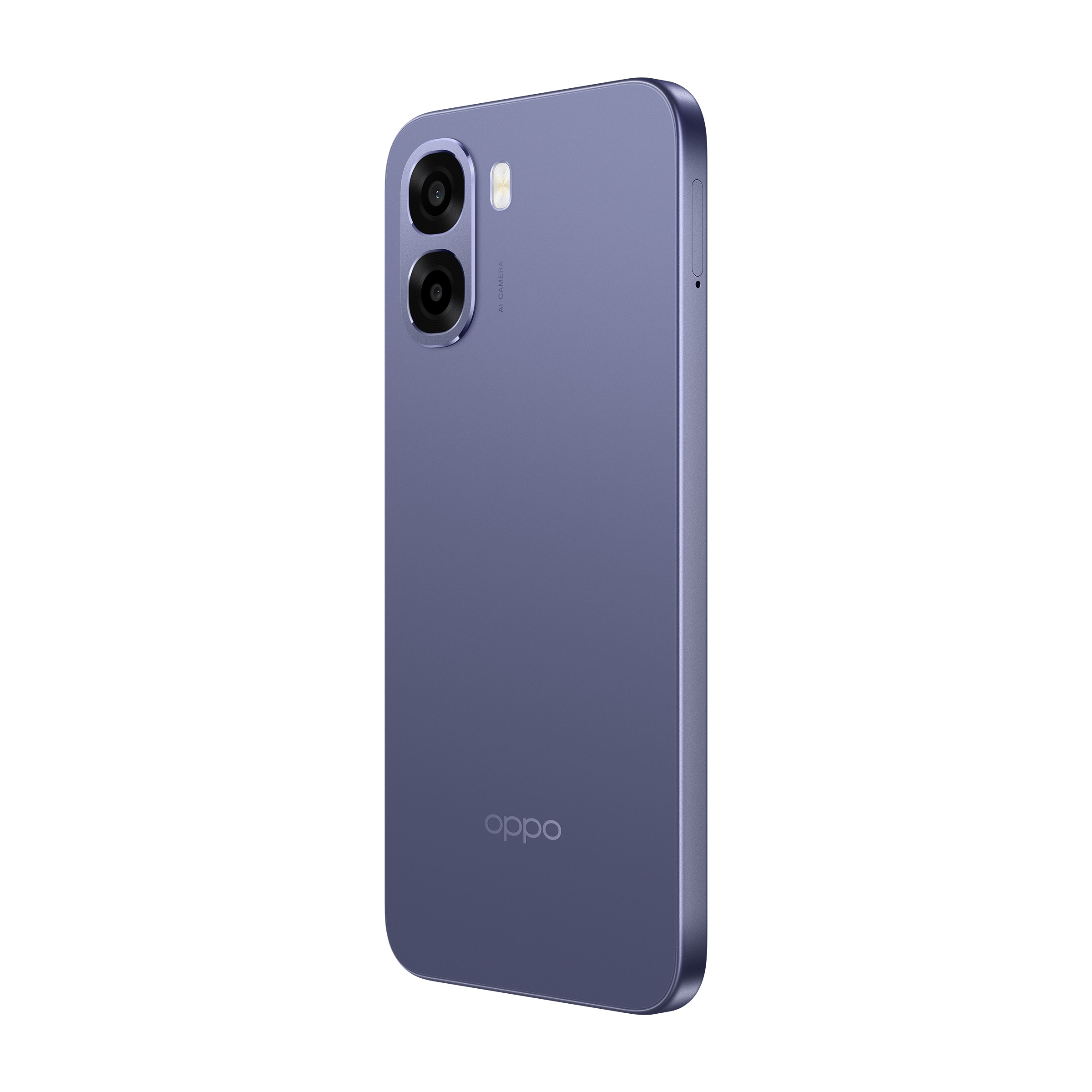 Retro di uno smartphone Oppo viola con due fotocamere allineate verticalmente e il logo Oppo.