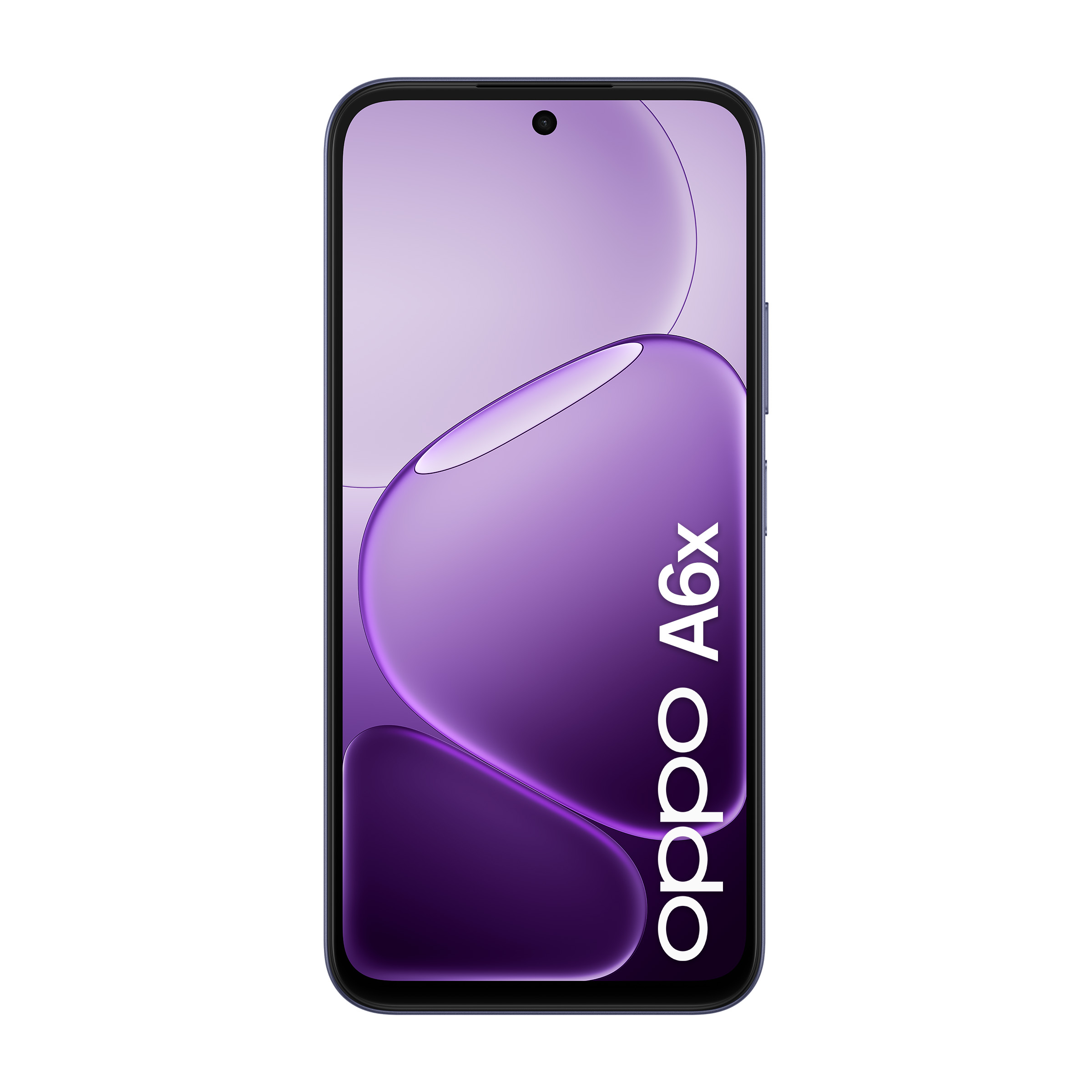 Smartphone Oppo A6x con uno sfondo viola sullo schermo e la scritta Oppo A6x.