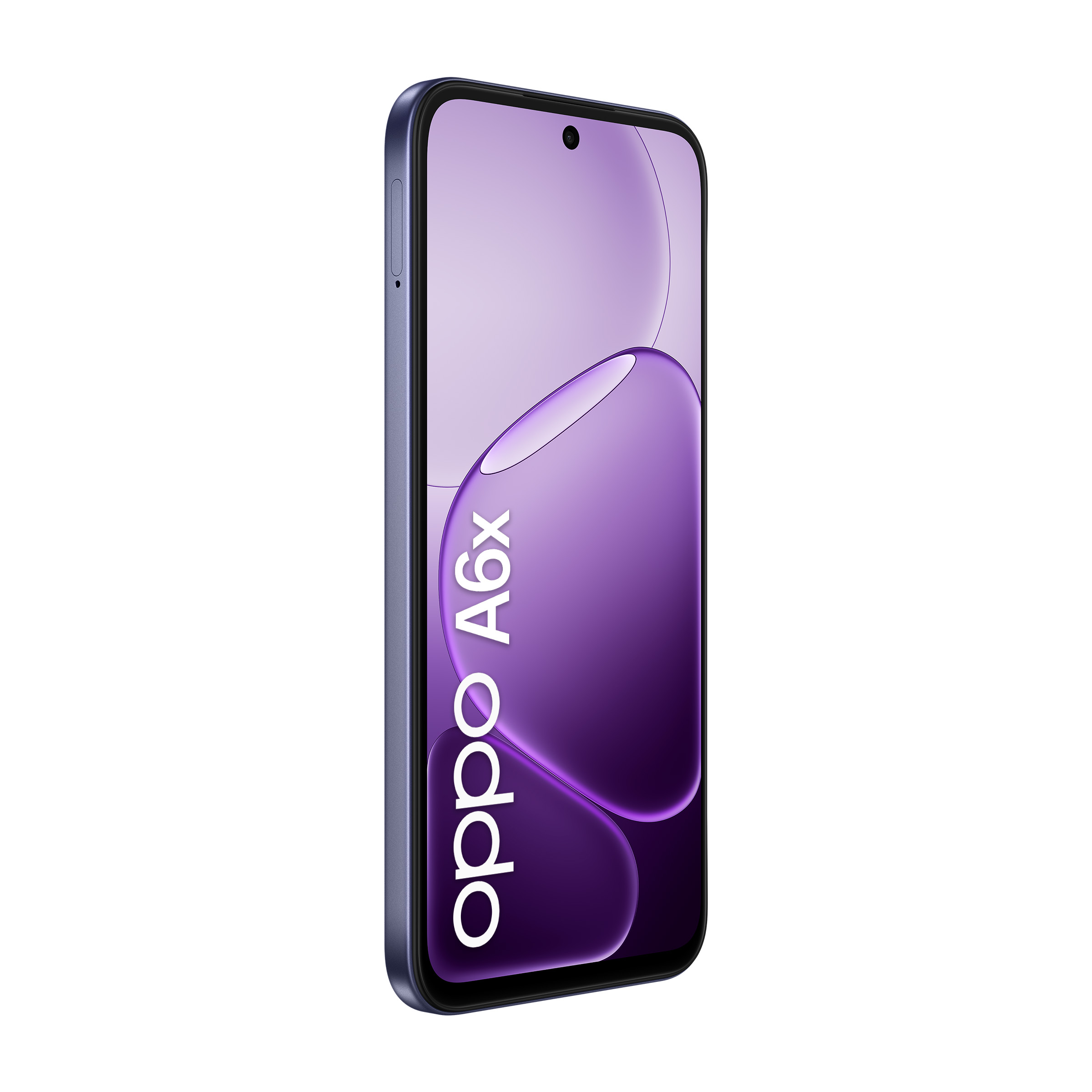 Vista frontale dello smartphone Oppo A6x viola su sfondo bianco con schermo illuminato.
