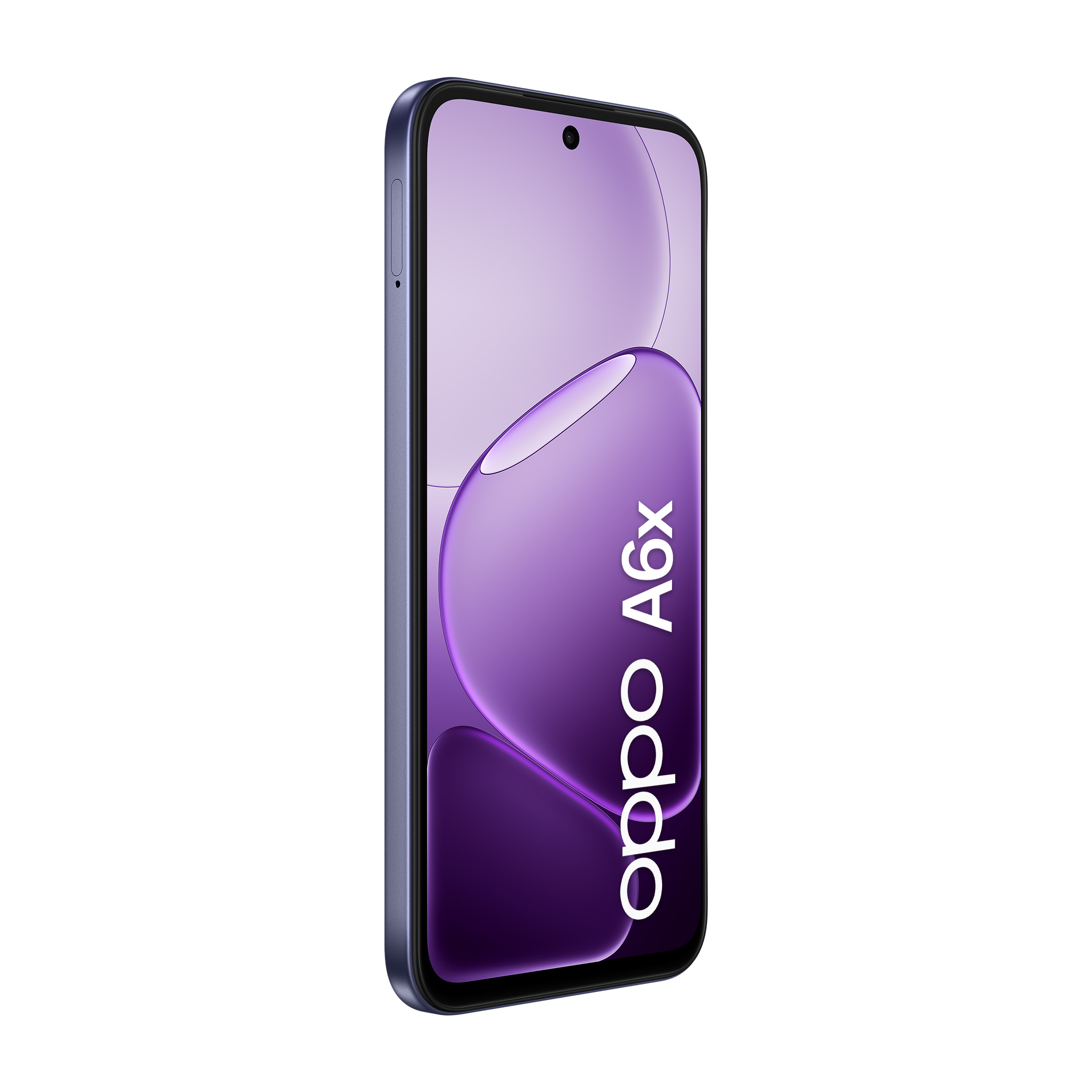 Uno smartphone Oppo A6x blu inarcato mostra la scritta Oppo A6x sullo schermo viola.