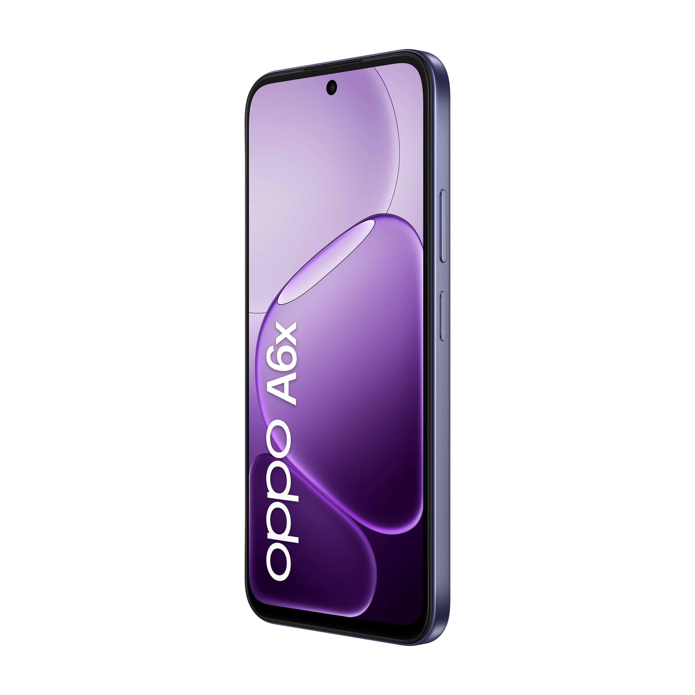 Uno smartphone Oppo A6x blu con sfondo viola e testo Oppo A6x sullo schermo.