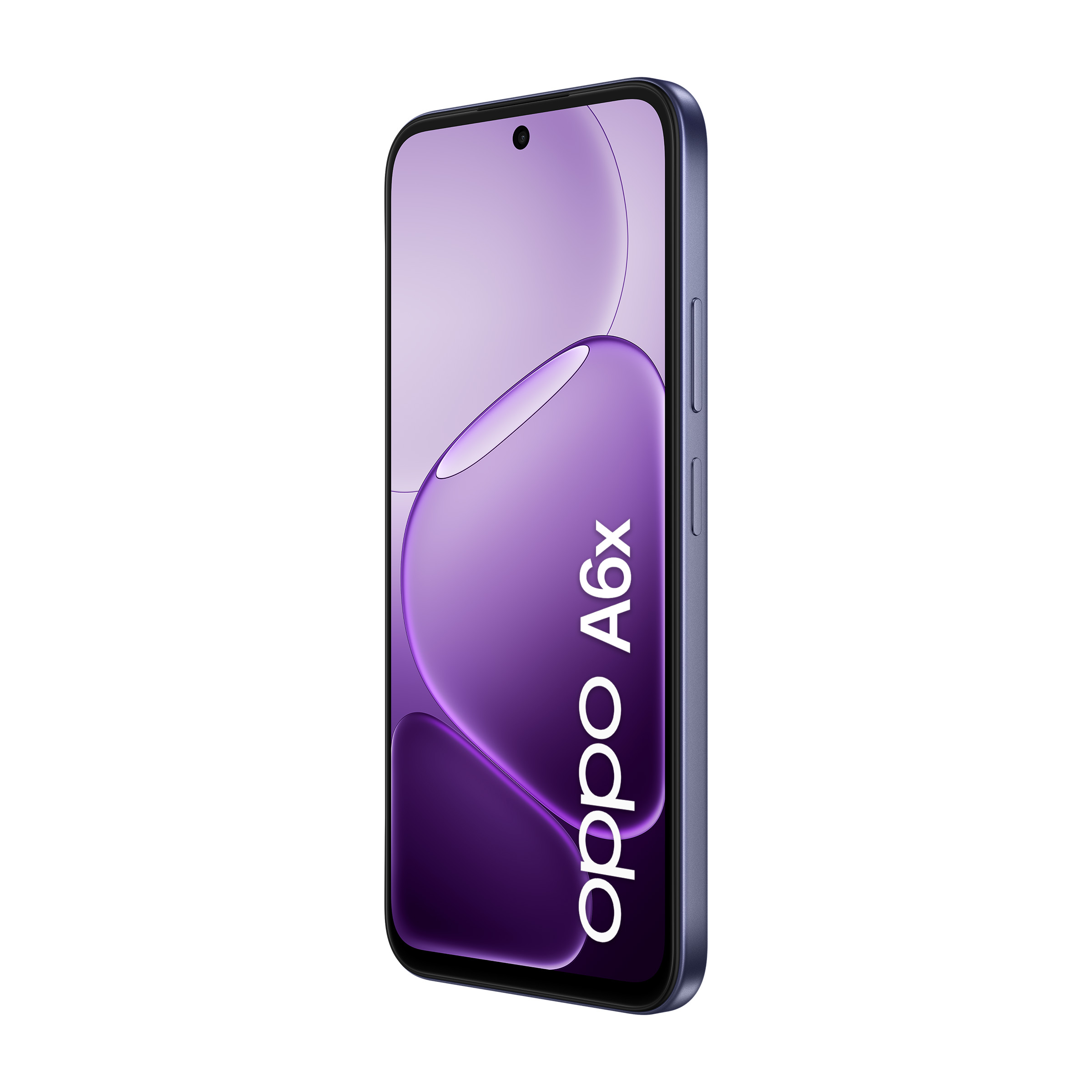 Vista frontale di uno smartphone Oppo A6x con display e sfondo viola su sfondo bianco.