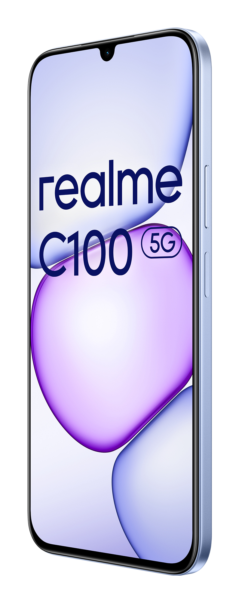 Uno smartphone Realme C100 5G blu che mostra uno sfondo astratto viola sullo schermo.