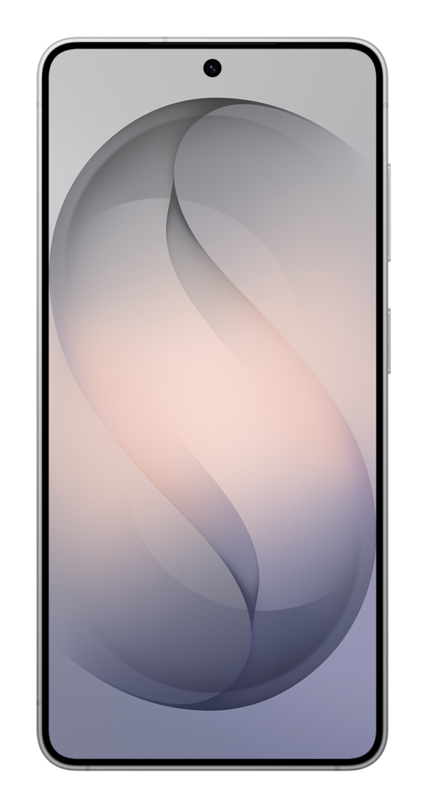 Un teléfono inteligente con un fondo de pantalla abstracto curvo gris y rosa en la pantalla, visto de frente sobre fondo blanco.