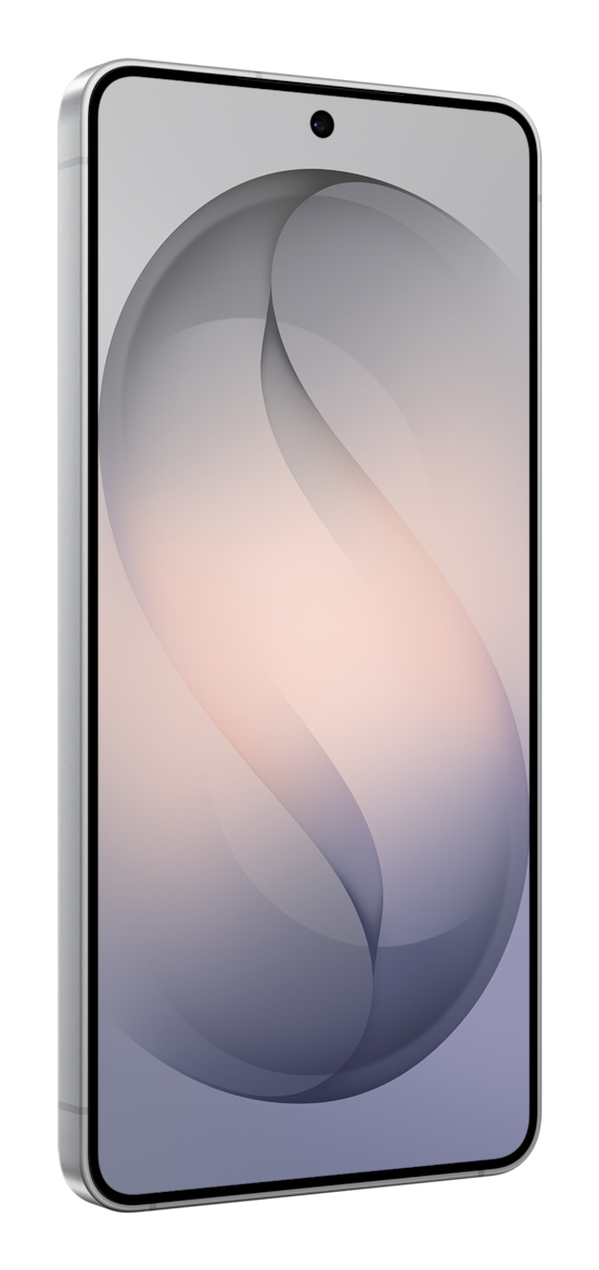 Un smartphone plateado muestra un patrón abstracto curvo en gris y blanco en su pantalla, inclinado ligeramente a la izquierda.