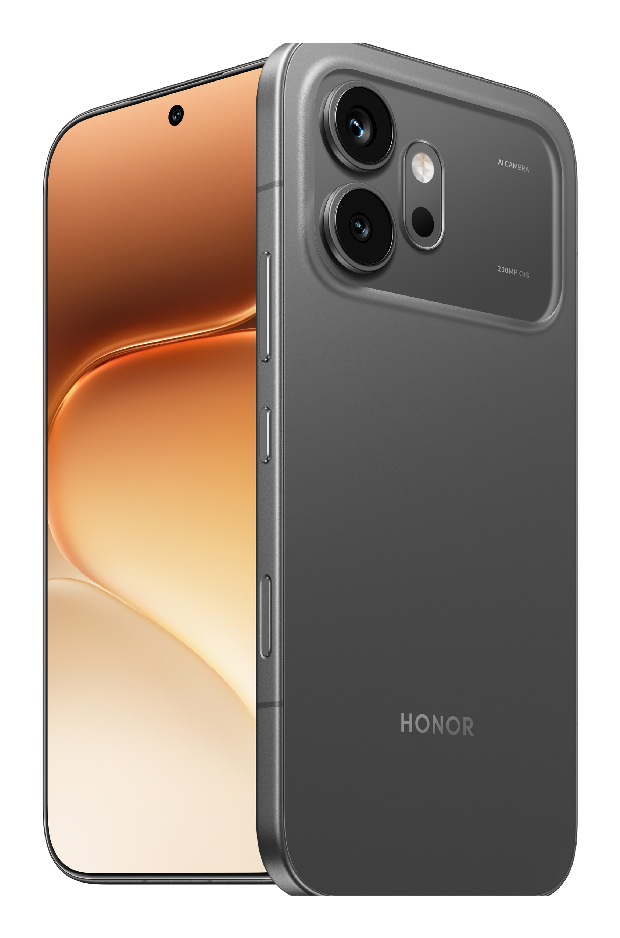 Smartphone Honor gris con doble cámara trasera y pantalla dorada.