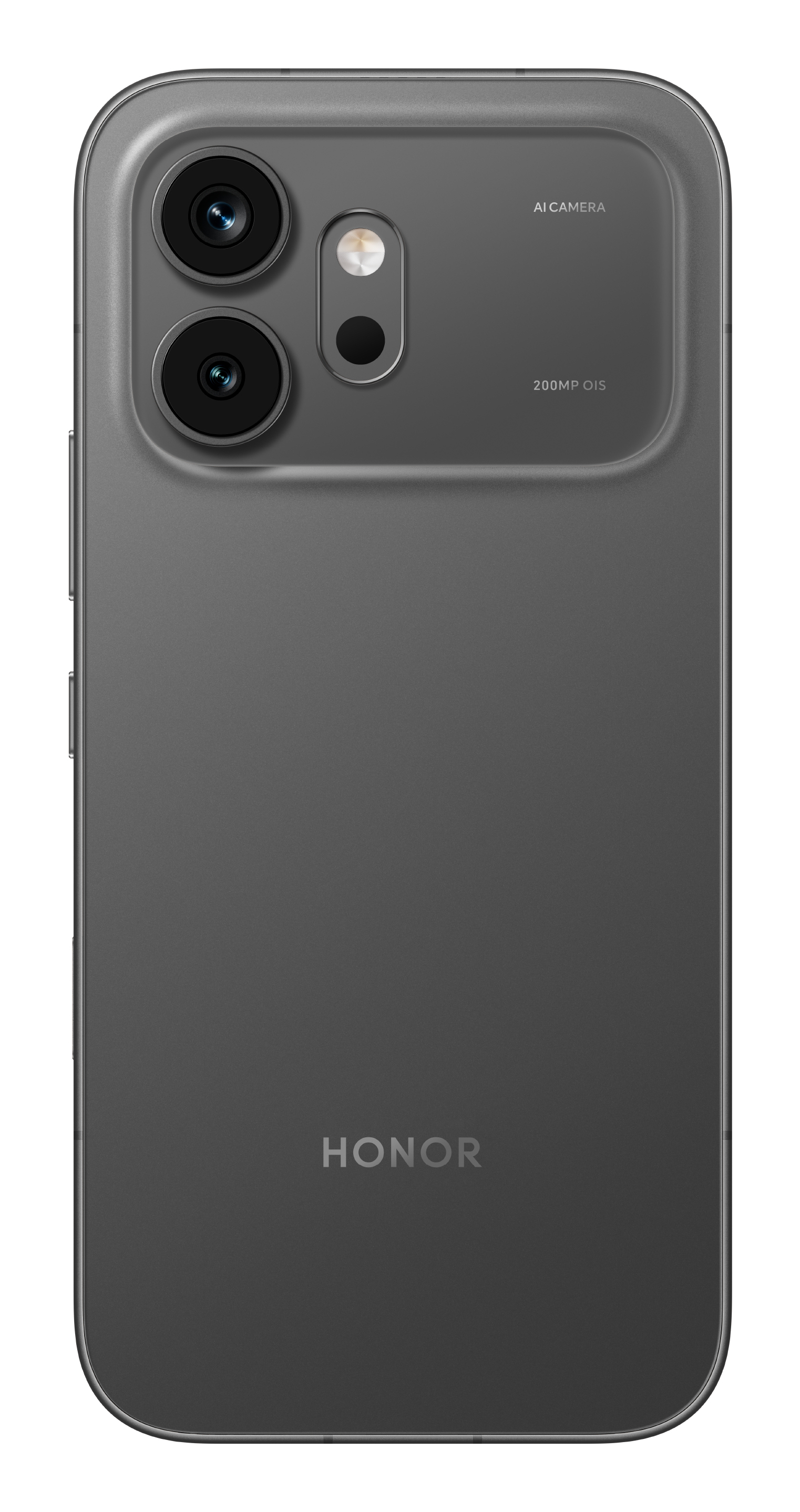 Parte trasera de un smartphone Honor gris con dos cámaras verticales y el logotipo en la parte inferior.