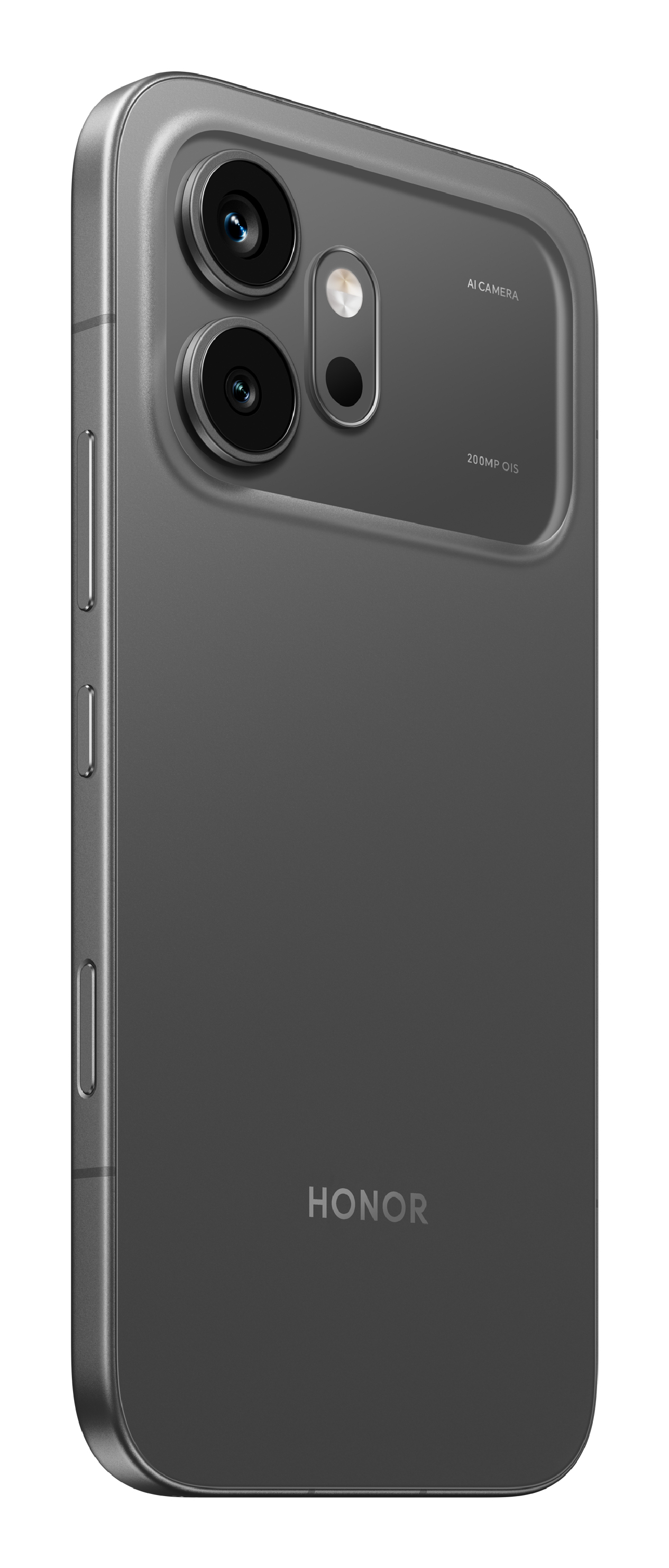 Parte trasera de un smartphone gris con cámara dual, flash, texto AI camera y logo HONOR.