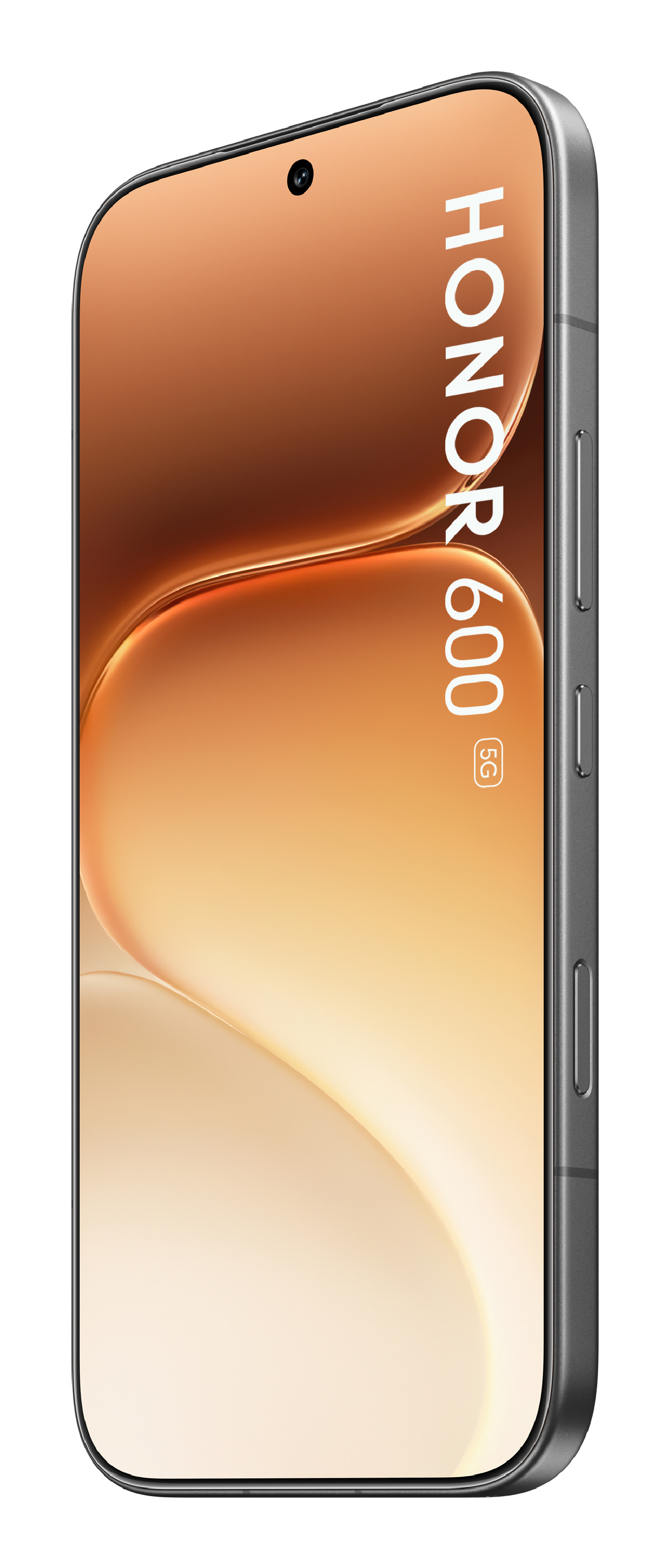 Un smartphone con pantalla naranja que muestra HONOR 600 5G y marco de metal.