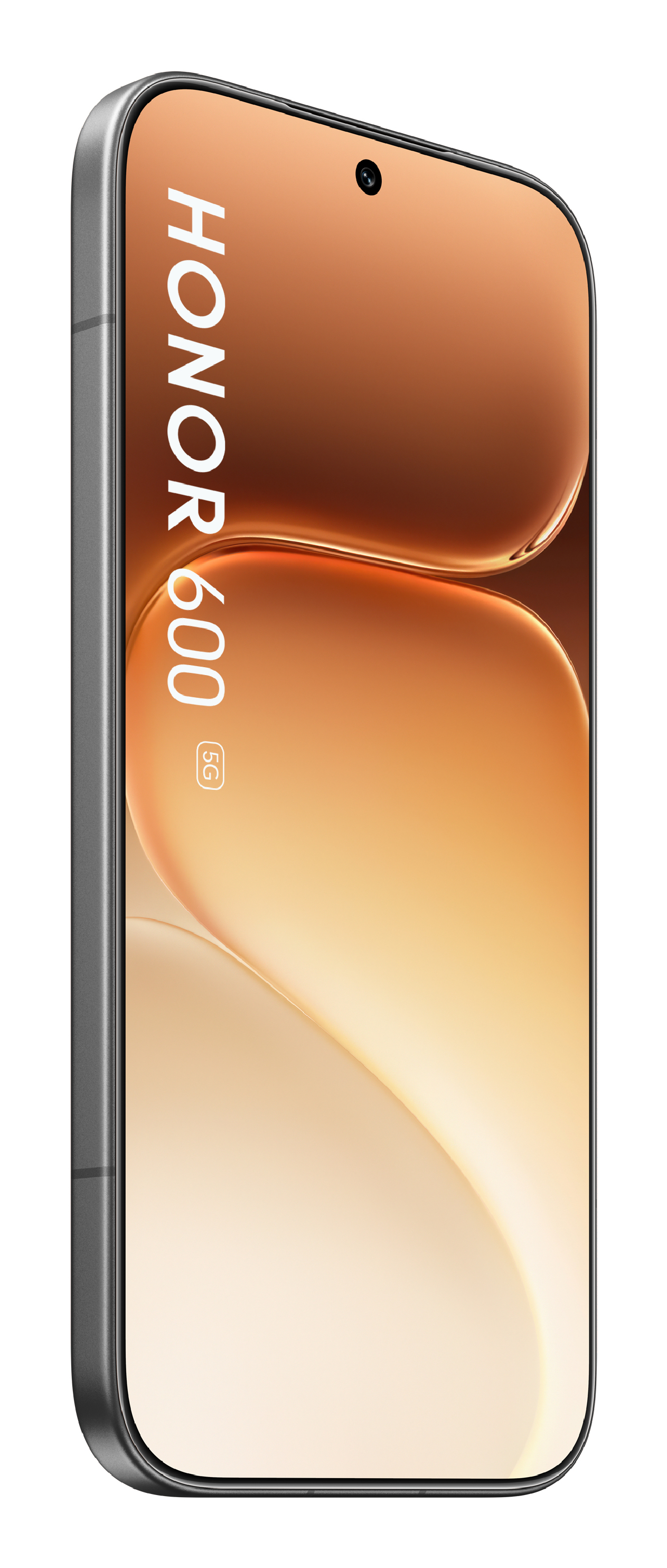 Vista en ángulo de un teléfono inteligente que muestra Honor 600 5G en un fondo naranja.
