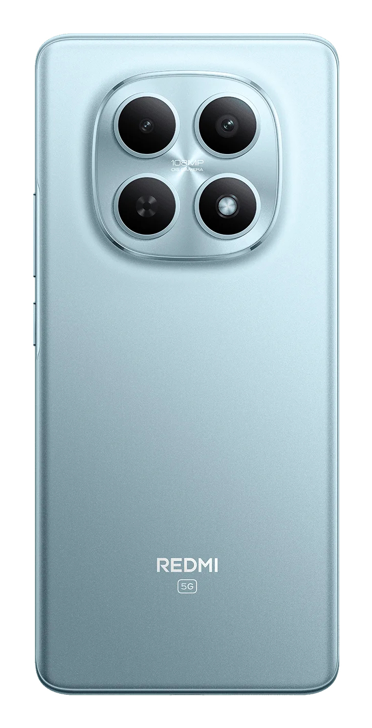 Il retro di uno smartphone Redmi 5G azzurro con un modulo fotocamera quadrato in alto e il logo Redmi in basso.