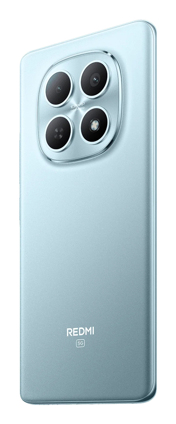 Retro di uno smartphone Redmi 5G azzurro con modulo a quattro fotocamere e logo del marchio.