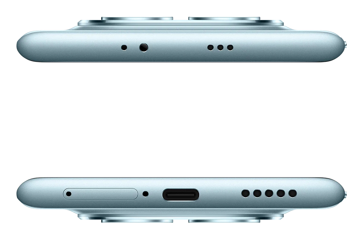 Viste superiore e inferiore di uno smartphone blu che mostrano porte, microfoni e altoparlanti.