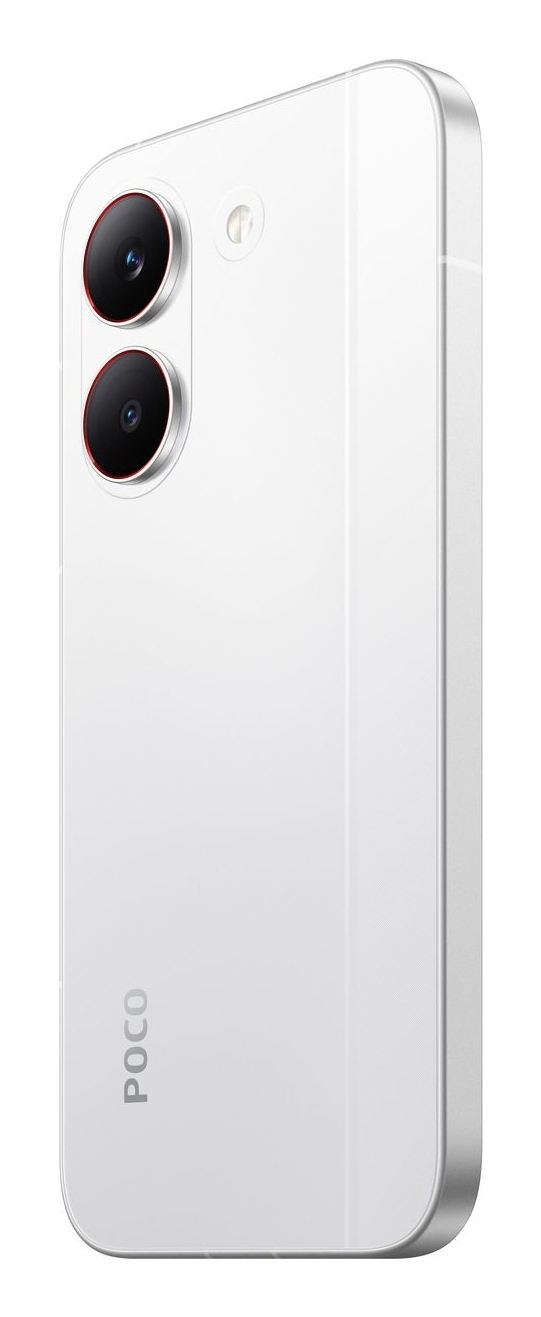 Retro di uno smartphone Poco bianco con due fotocamere verticali con dettagli rossi e il logo Poco.