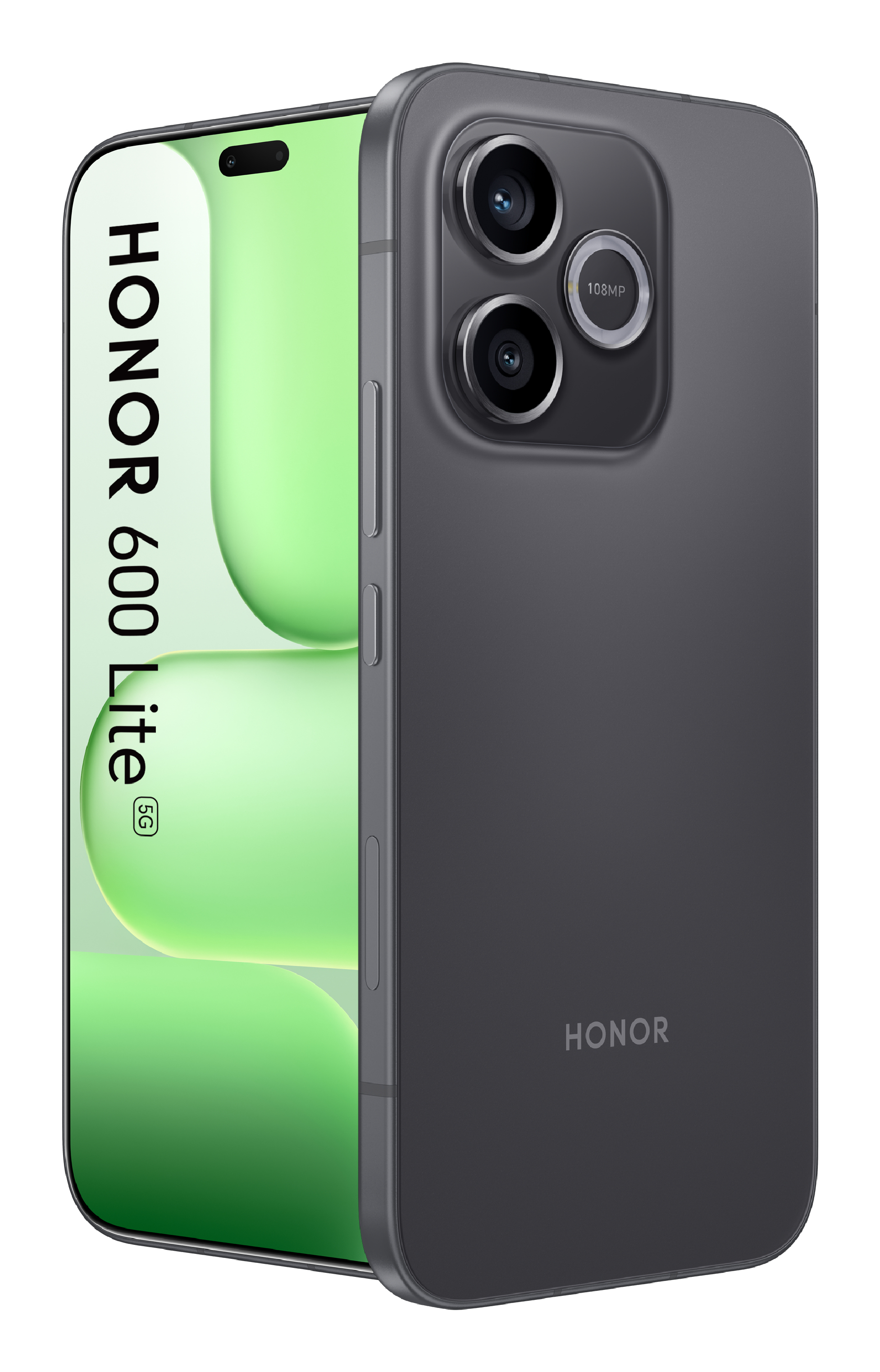 Smartphone Honor 600 Lite 5G que muestra su pantalla verde y trasera gris oscuro con triple cámara.