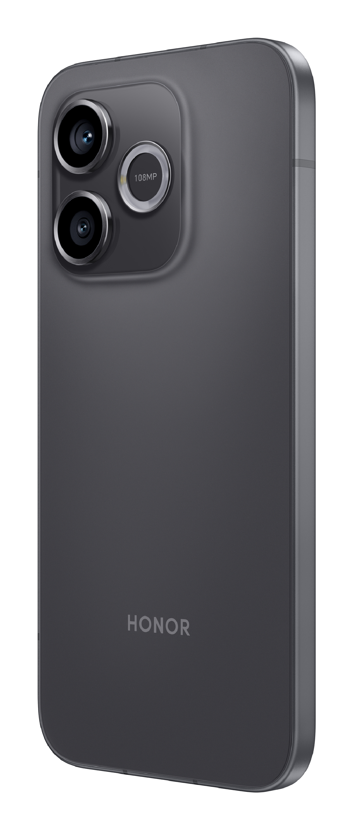 Parte trasera de un smartphone Honor gris con dos lentes de cámara y un módulo de flash circular de 108MP.