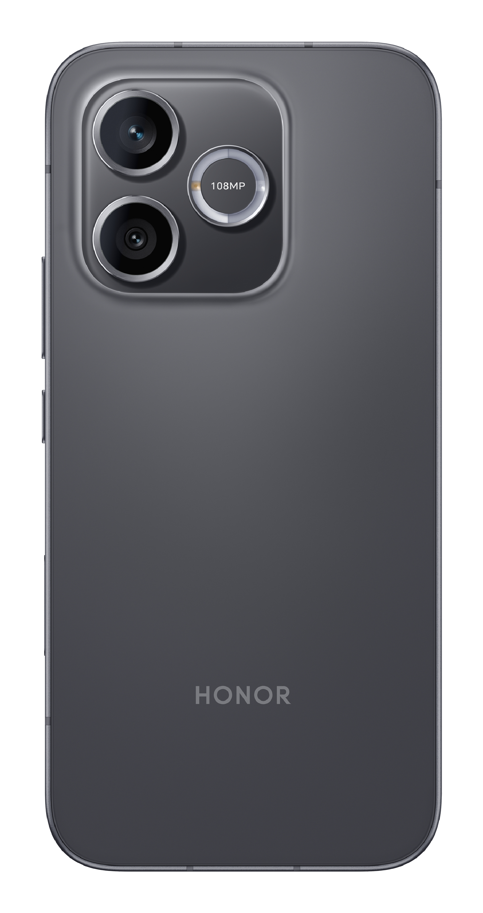 Parte trasera de un smartphone Honor gris con triple cámara y etiqueta de 108MP.