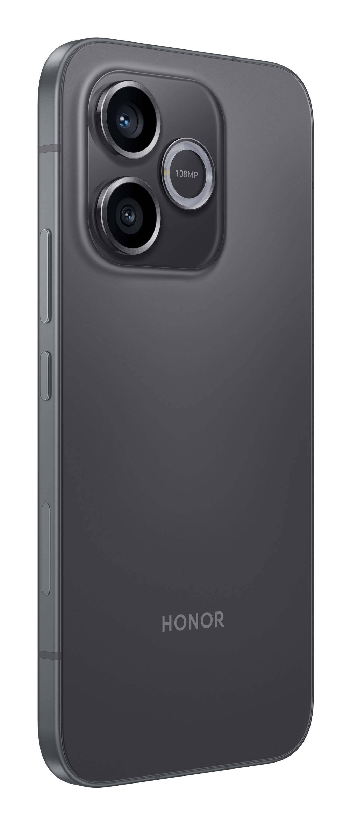 Vista trasera de un smartphone Honor gris con módulo de triple cámara y logotipo.