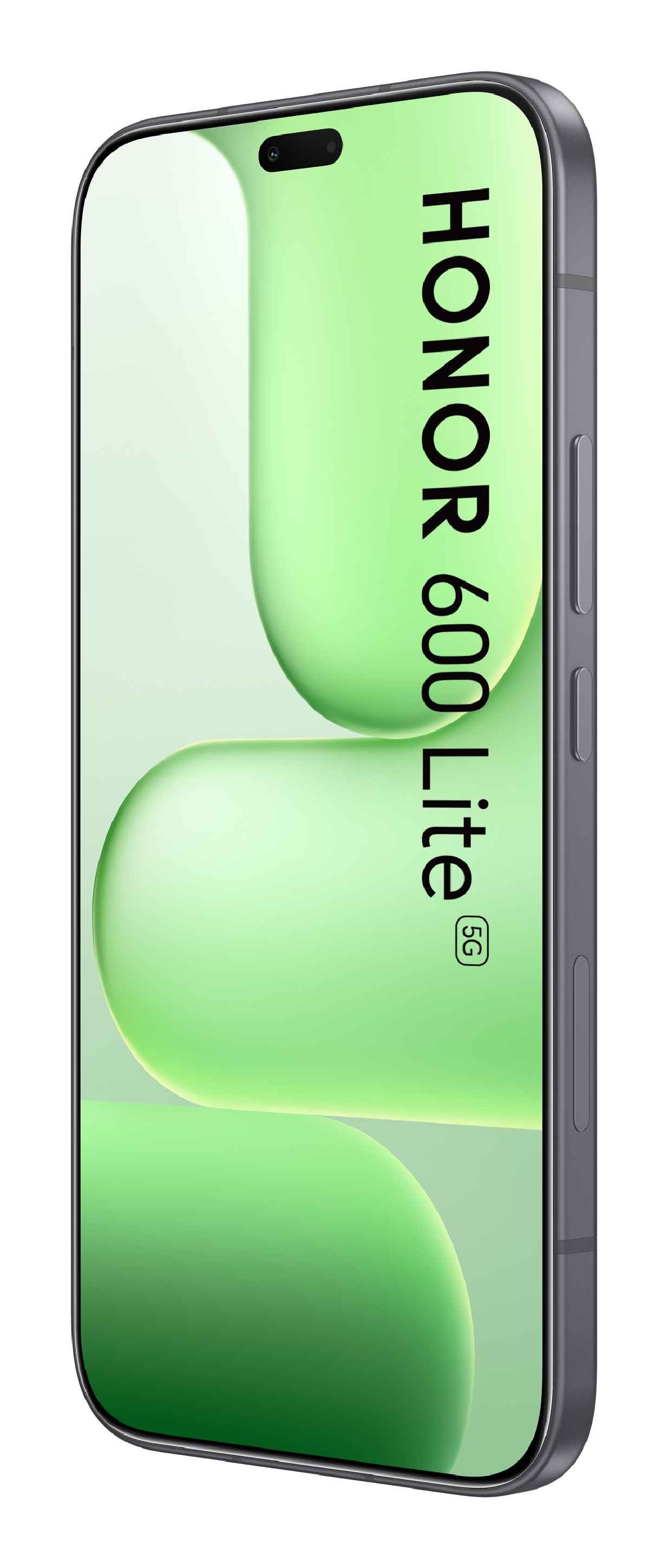 Un teléfono inteligente con el texto 'HONOR 600 Lite 5G' en su pantalla verde clara.