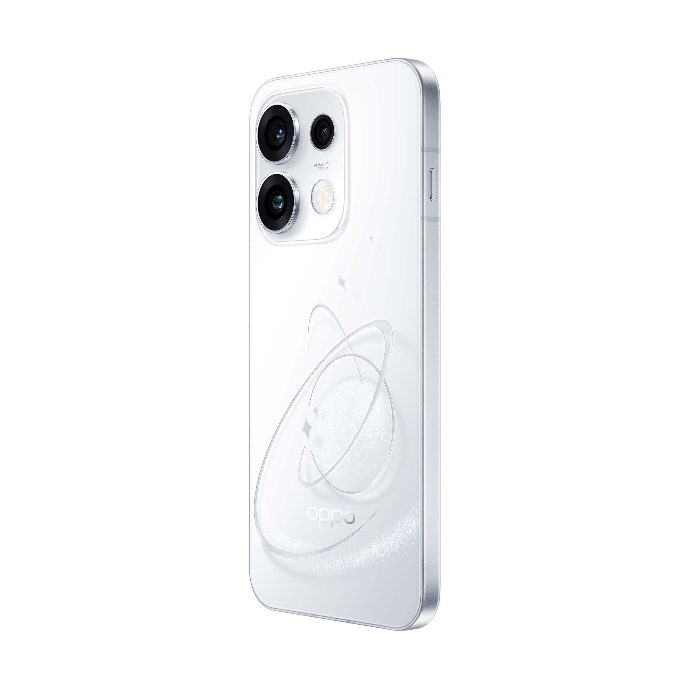 Parte trasera blanca de un smartphone Oppo con dos cámaras y un diseño de anillos.