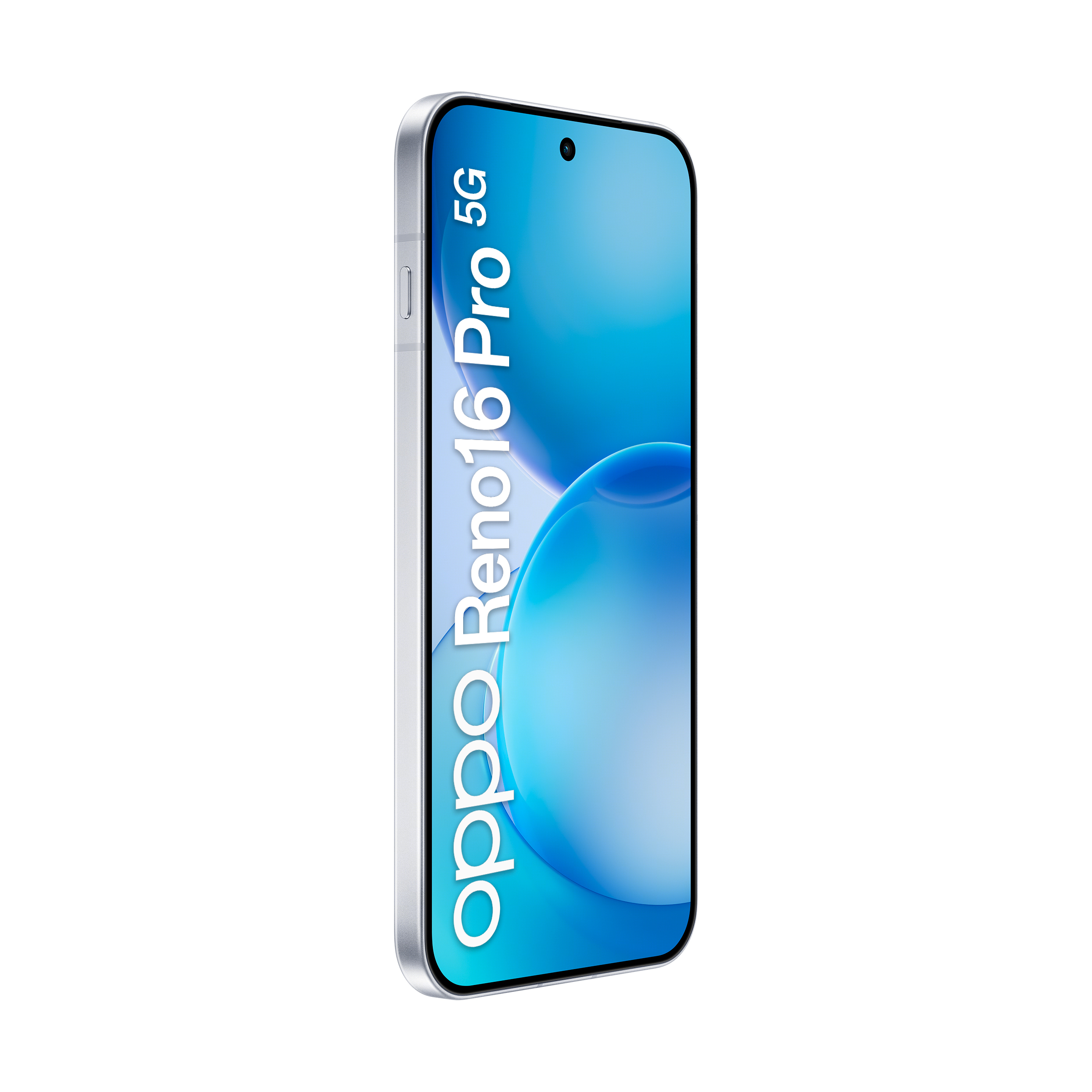 Un teléfono inteligente plateado muestra Oppo Reno16 Pro 5G en una pantalla azul sobre un fondo blanco.