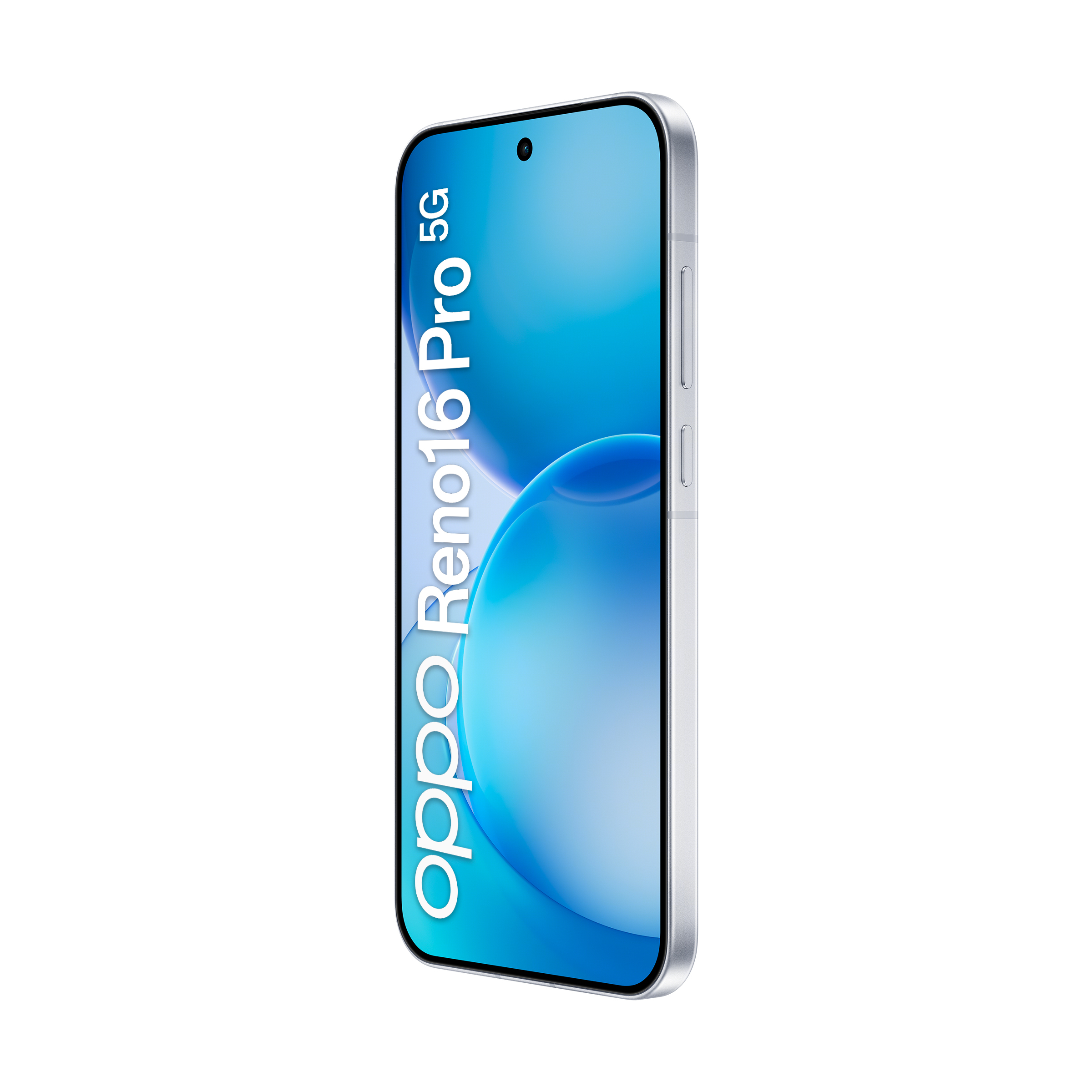 Un smartphone blanco Oppo Reno16 Pro 5G en modo retrato con pantalla azul sobre fondo blanco.