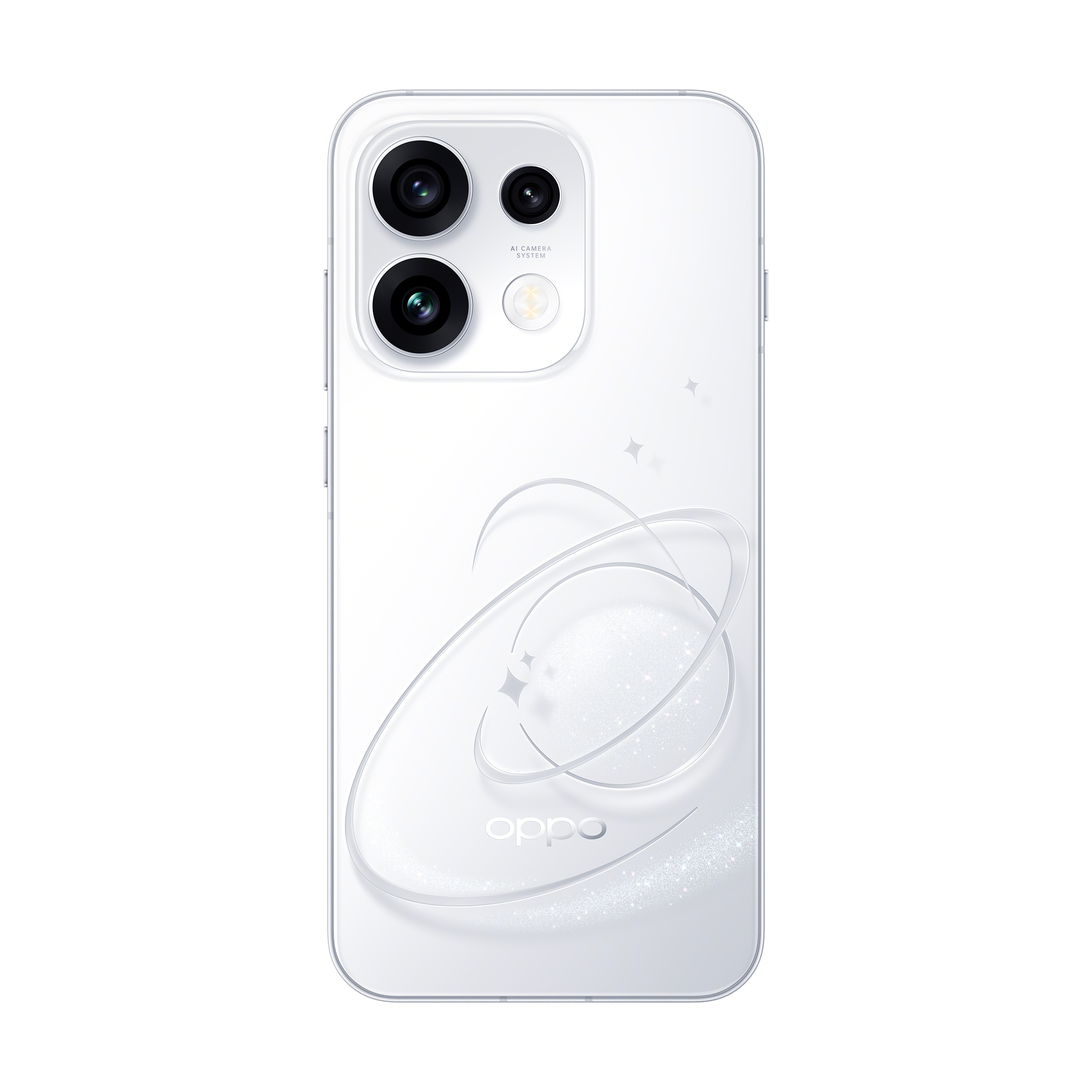 Smartphone Oppo blanco con módulo de cámara cuadrado, diseño de anillos de Saturno y detalles de estrellas brillantes.