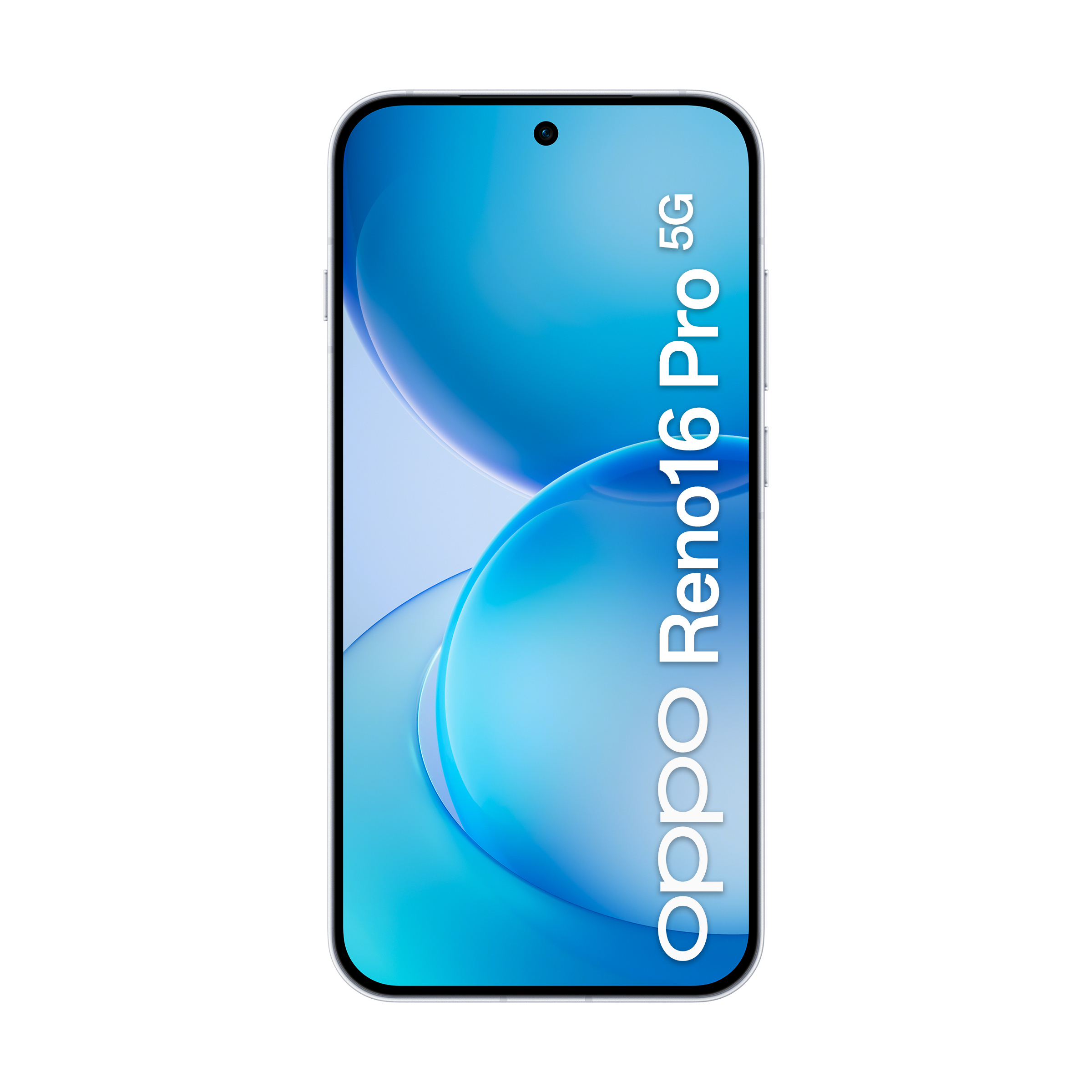 Vista frontal de un smartphone Oppo Reno16 Pro 5G con fondo azul.