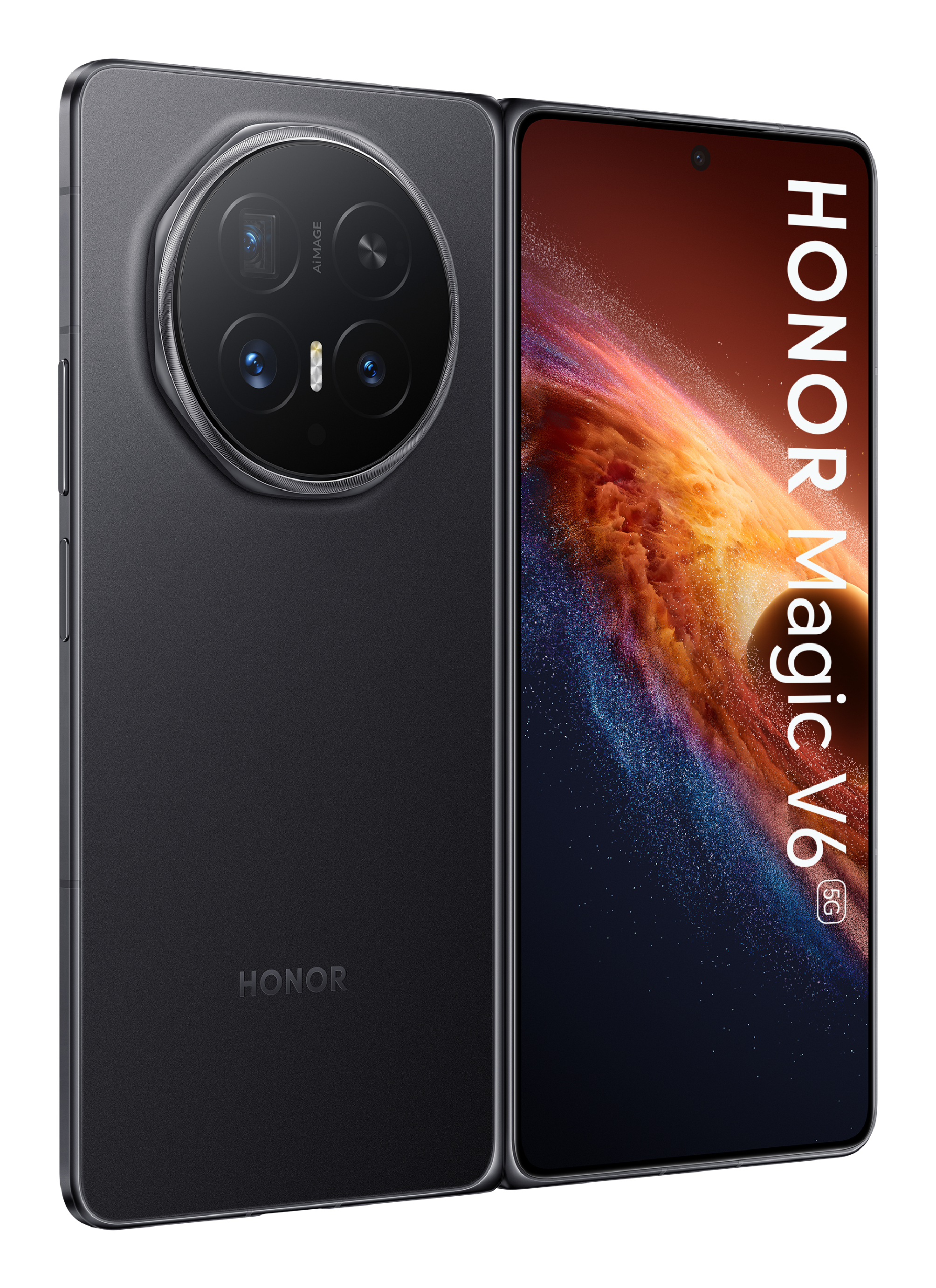 Ein schwarzes Honor Magic V6 klapptelefon mit großer runder Kamera und bunten Hintergrundbild auf dem Display.
