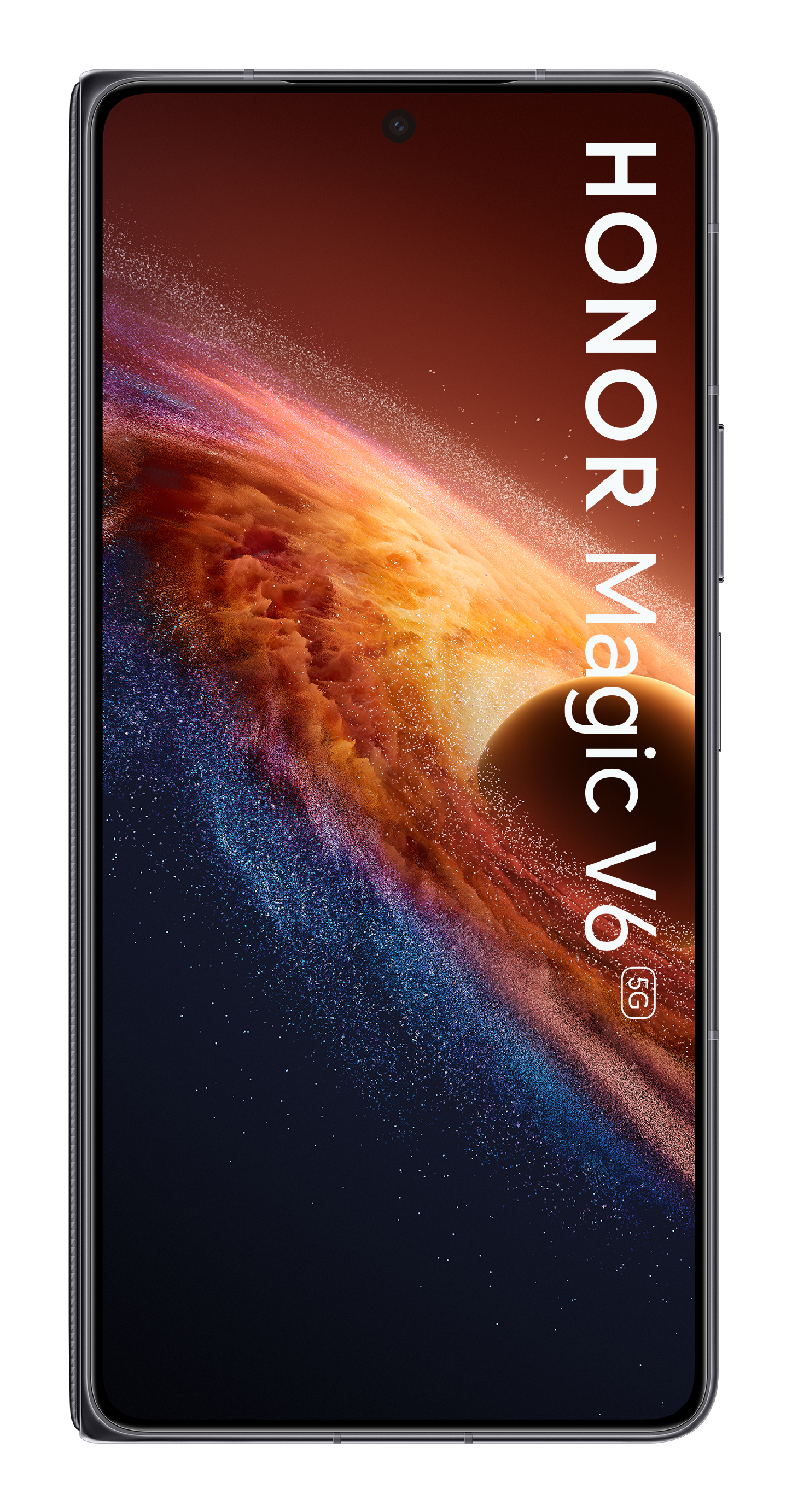 Honor Magic V6 5G Smartphone mit farbenfrohem Weltraumhintergrund.