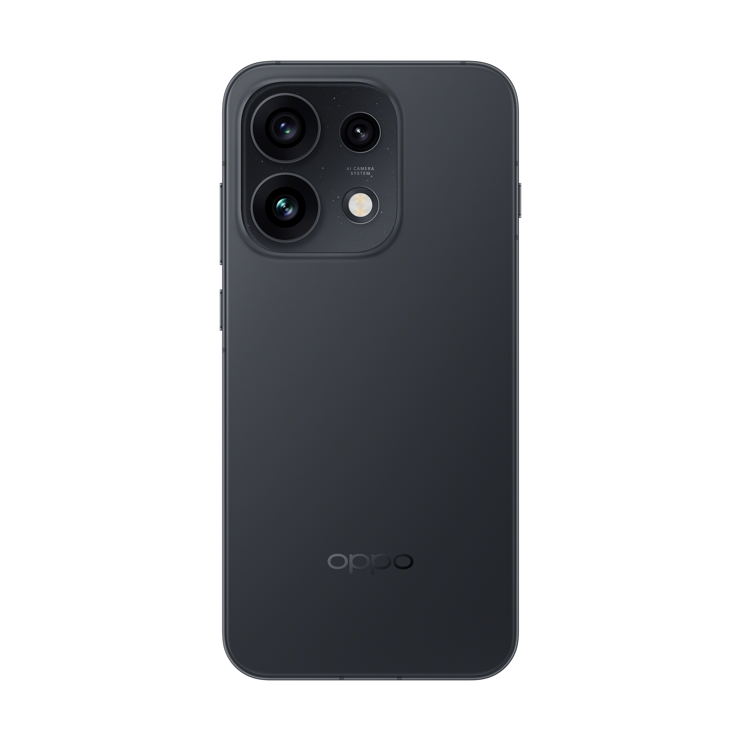 Parte trasera de un smartphone oscuro con módulo de triple cámara y logo Oppo.
