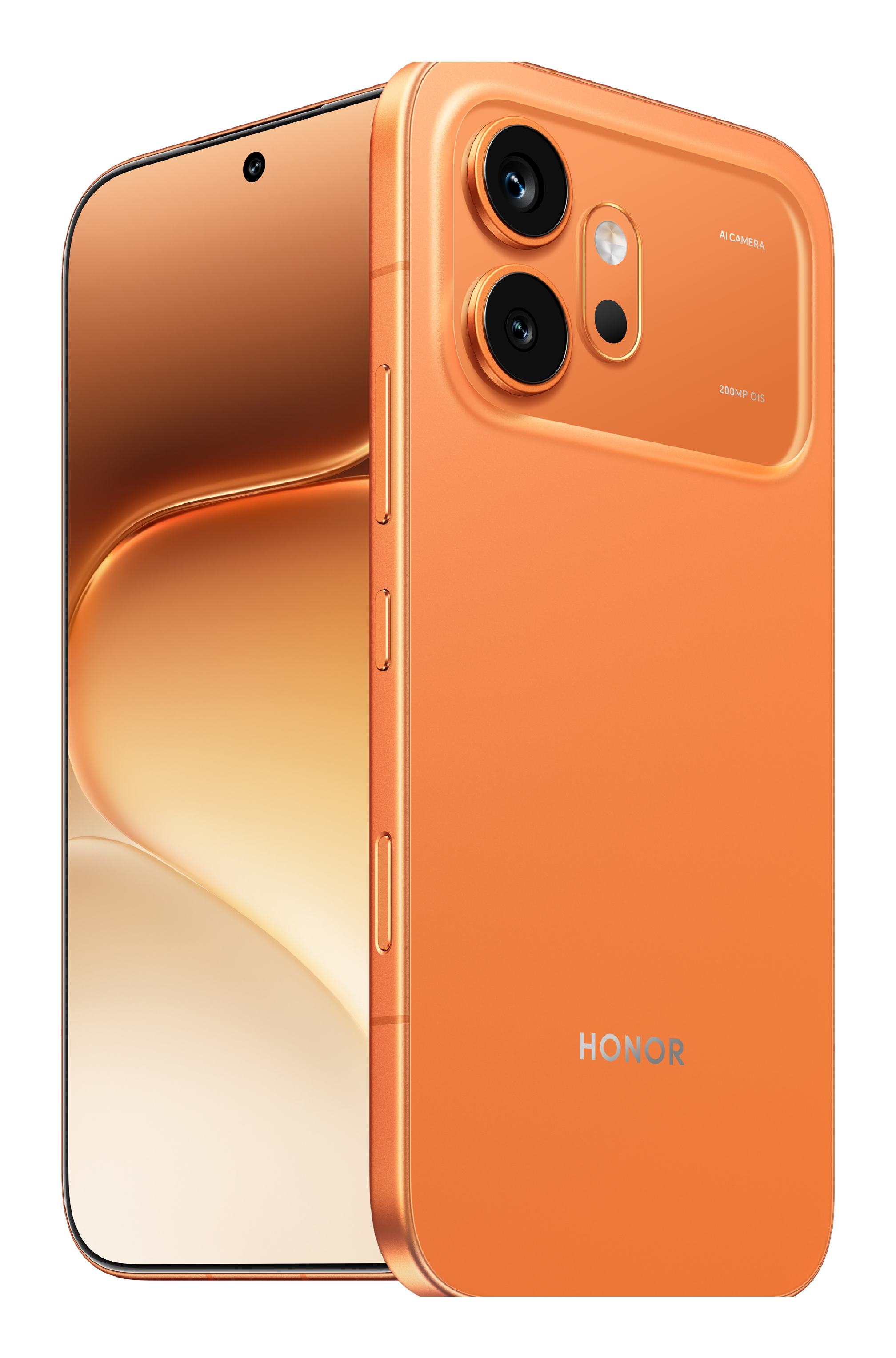 Ein orangefarbenes Smartphone zeigt die Rückseite mit zwei Kameras und die abgewinkelte Vorderseite mit Bildschirm.