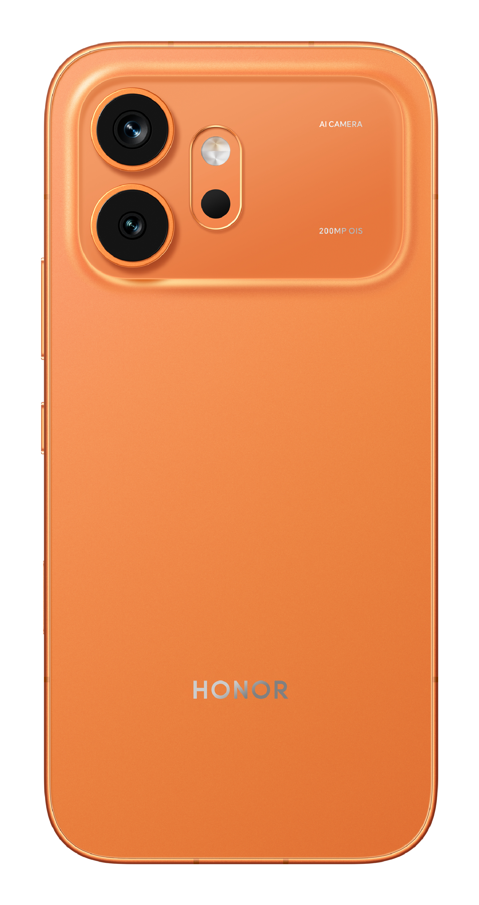Rückseite eines orangefarbenen Honor-Smartphones mit zwei Kameras, Blitz und den Aufschriften AI CAMERA und 200MP OIS.