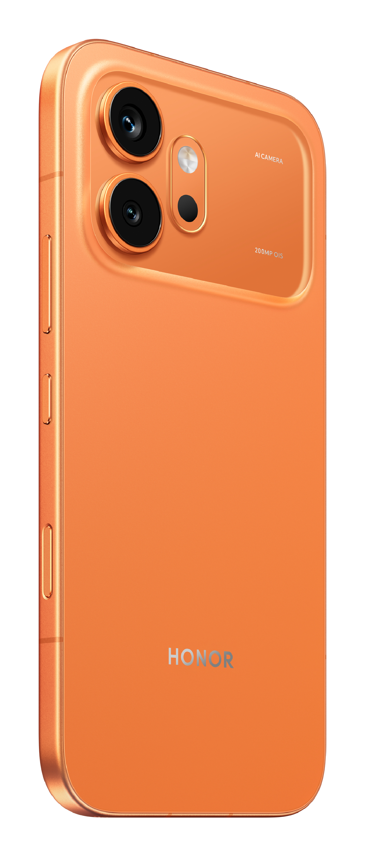 Rückseite eines orangen Honor-Smartphones mit zwei vertikalen Kameras, Blitz und Markenlogo.