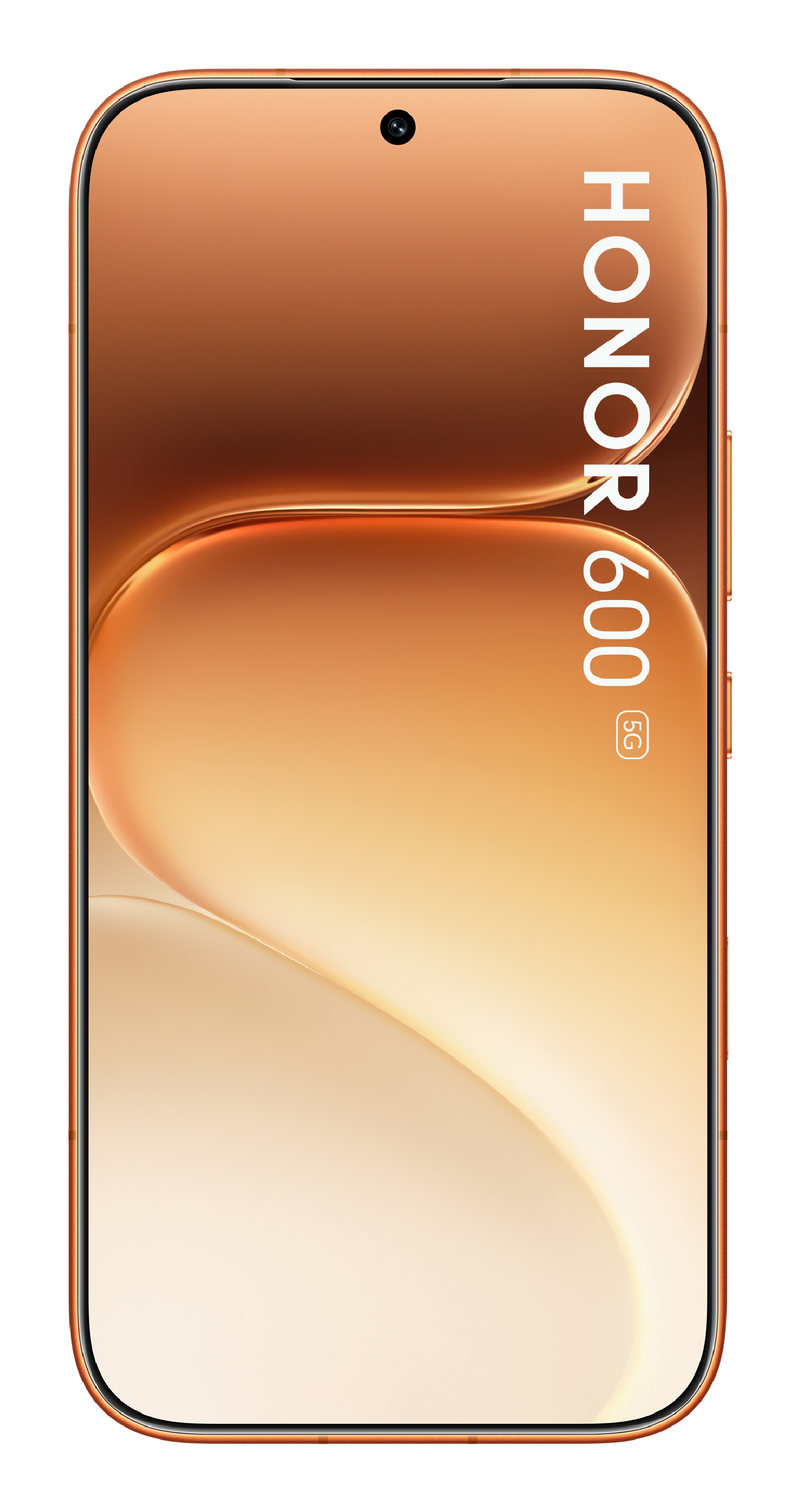 Ein orangefarbenes Honor 600 5G Smartphone mit gebogenem Display auf goldenem Hintergrund.